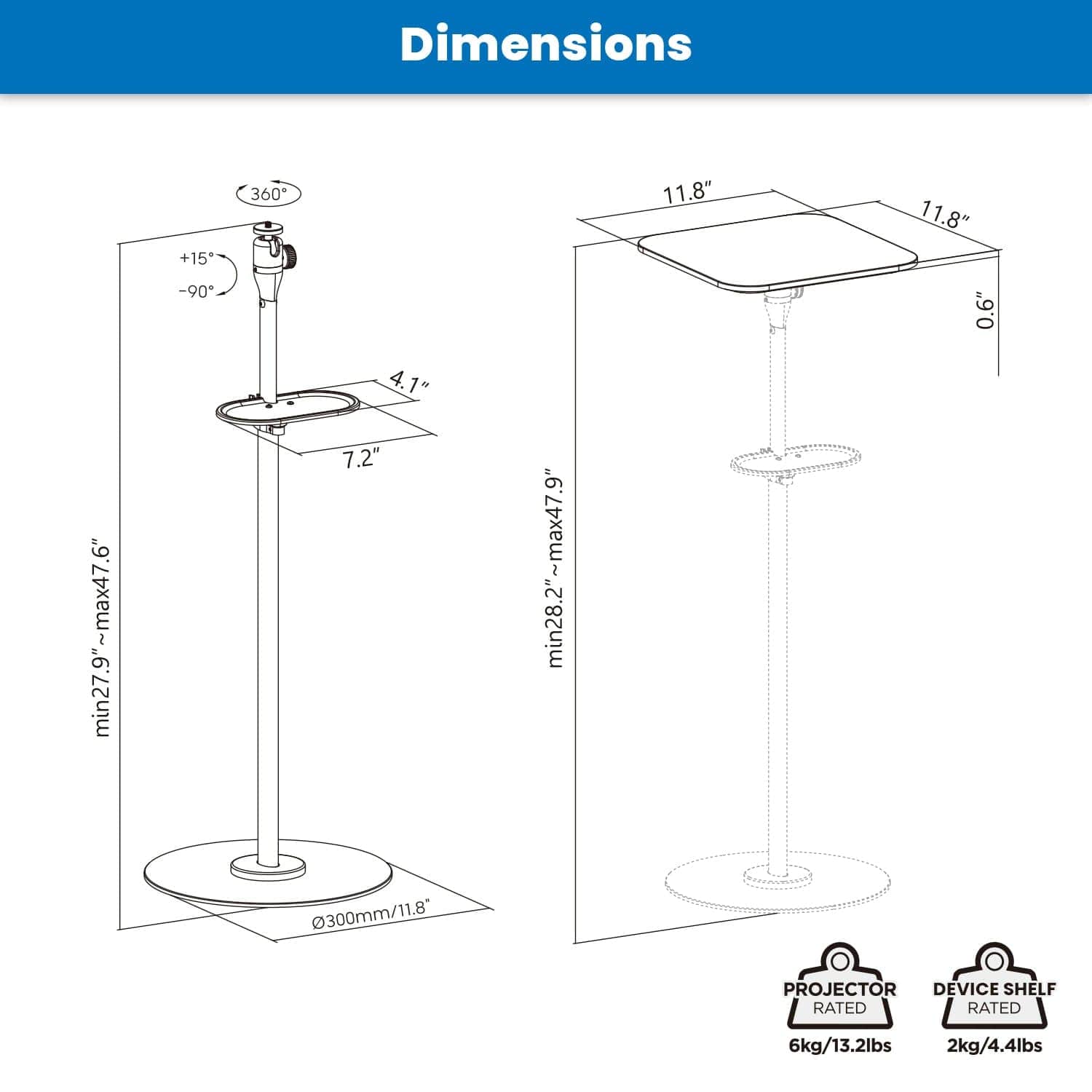 Dimensions:  
- min27.9"~max47.6"  
- +15° -90°  
- 360°  
- 4.1"  
- 7.2"  
- min28.2"~max47.9"  
- 11.8"  
- 11.8"  
- 0.6"  
- 300mm/11.8"  

PROJECTOR DEVICE SHELF  
RATED  
6kg/13.2lbs  
2kg/4.4lbs