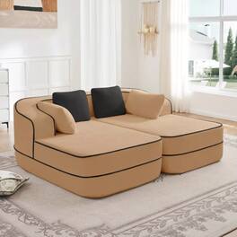 Aukfa - 77" Oversized 2 Seats Fluffy Comfy Couch Teddy Fabric Modular Sofa with 2 Chaises for Living Room Sleeper Sofa - Camel