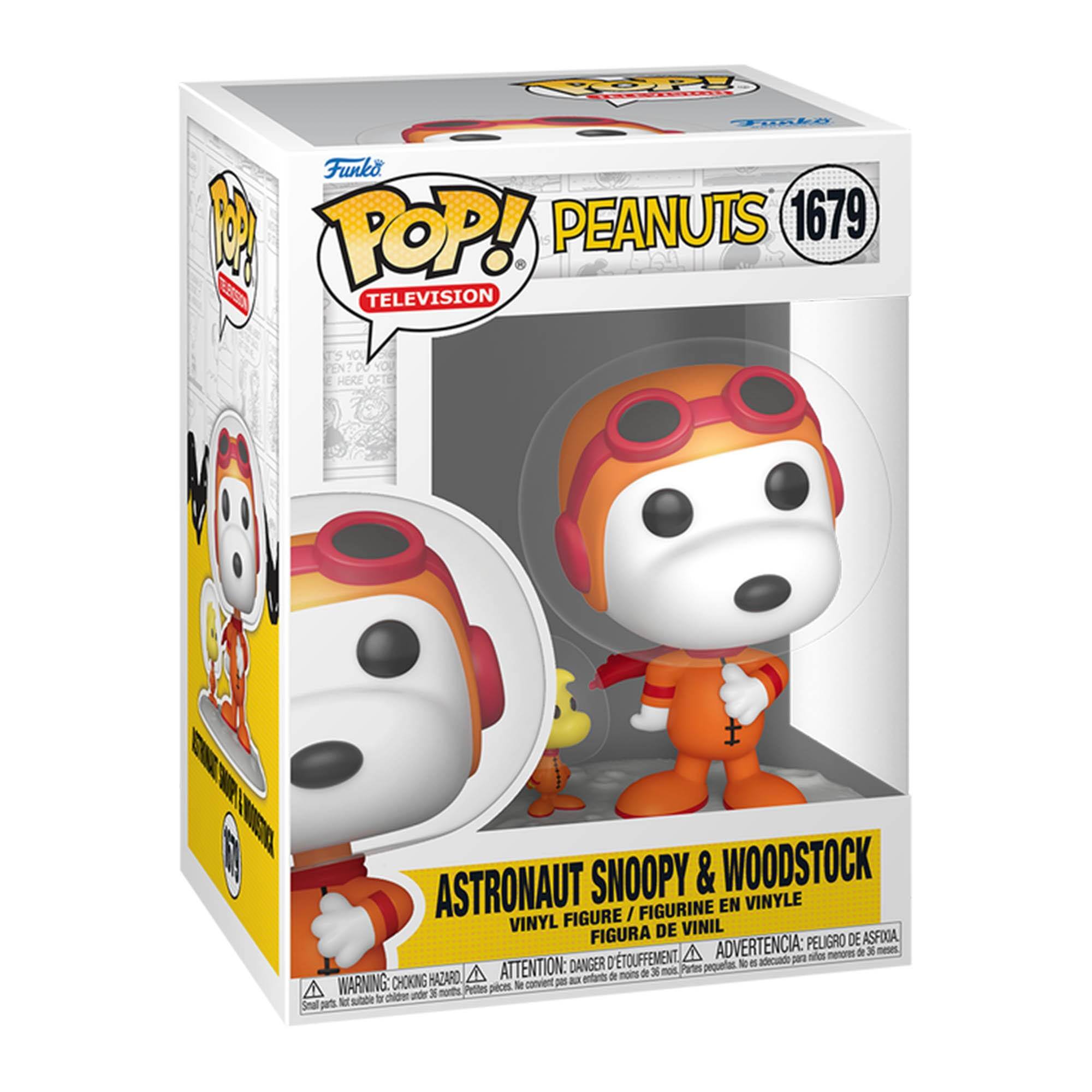 Sure, here is the corrected and grouped text from the image:

---

**Front:**
- **Funko POP!**
- **TELEVISION**
- **PEANUTS 1679**
- **ASTRONAUT SNOOPY & WOODSTOCK**
- **VINYL FIGURE / FIGURINE EN VINYLE / FIGURA DE VINIL**

**Warnings:**
- **WARNING: CHOKING HAZARD - Small parts. Not for children under 3 years.**
- **ATTENTION: PELIGRO DE ASFIXIA - Piezas pequeñas. No es adecuado para menores de 3 años.**
- **ADVERTENCIA: DANGER - ÉTOUFFEMENT - Pequeñas piezas. No conviene para menores de 36 meses.**

**Side:**
- **Funko POP!**
- **TELEVISION**
- **PEANUTS 1679**
- **ASTRONAUT SNOOPY & WOODSTOCK**
- **VINYL FIGURE / FIGURINE EN VINYLE / FIGURA DE VINIL**

**Bottom:**
- **WARNING: CHOKING HAZARD - Small parts. Not for