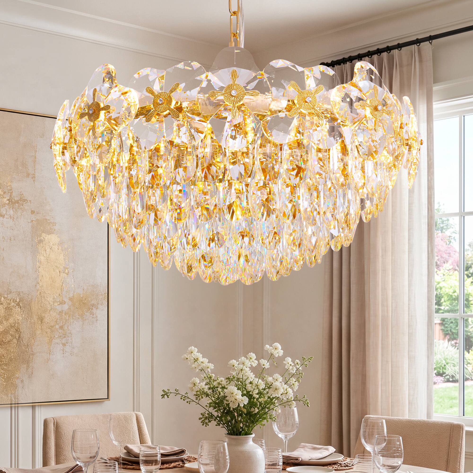 Angle. Siljoy - 24 Inch Round Luxury Crystal Chandelier, Modern Gold 4-Leaf Floral Pendant Light for Kitchen Living Room  Foyer - Rose Gold.