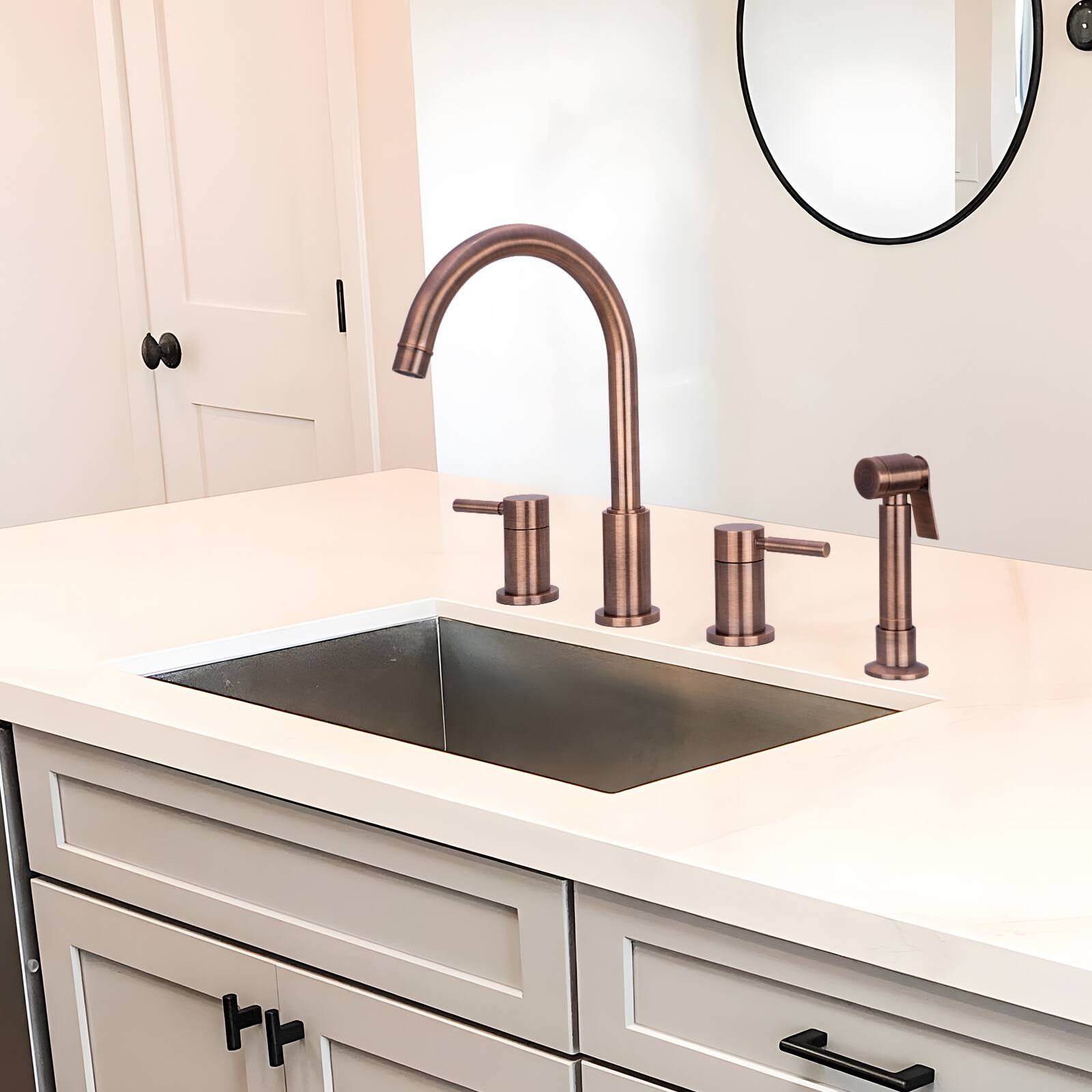 Alt View 5. Akicon - Akicon Solid Brass Double-Handle 360° Swivel Widespread Kitchen Faucet with Side Sprayer in Antique Copper - Antique Copper.