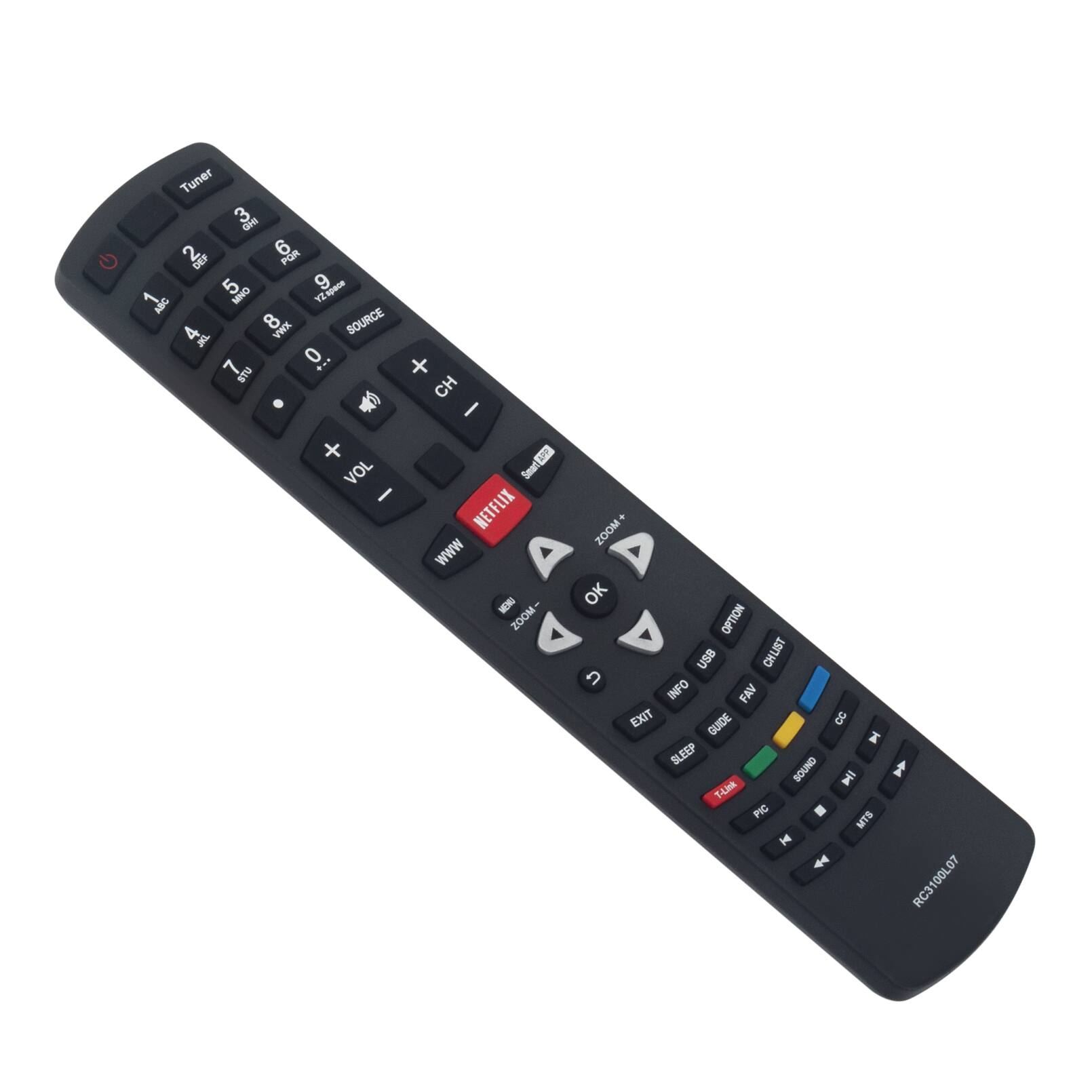 Here is the corrected and grouped text from the image:

**Number Buttons:**
1, 2, 3, 4, 5, 6, 7, 8, 9, 0

**Channel and Source:**
- Tuner
- CH+
- CH-
- Source

**Volume:**
- VOL+
- VOL-

**Navigation:**
- OK
- UP
- DOWN
- LEFT
- RIGHT

**Additional Functions:**
- Netflix
- Zoom-
- Zoom+
- Info
- FAV
- Exit
- Guide
- Sleep
- Sound
- Pic
- MTS

**Other:**
- USB
- Option
- Info
- Exit
- Guide
- Sleep
- Sound
- Pic
- MTS
- RC3100-01

**Special Button:**
- Red button labeled "Smart"

**Text on Remote:**
- "RC3100-01"