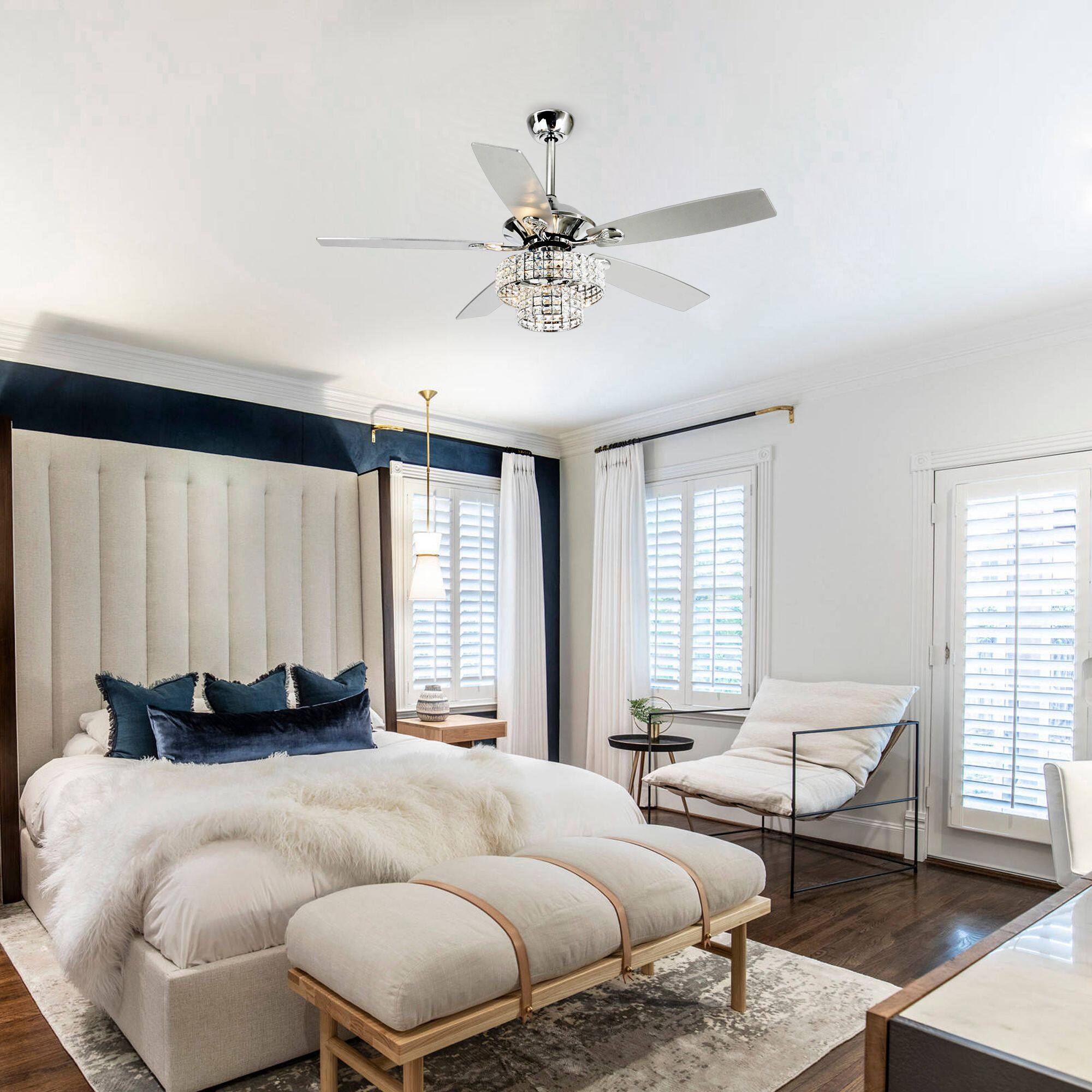 Left. Parrot Uncle - 52" Chrome Crystal Chandelier Ceiling Fan with Light and Remote Control - Chrome.