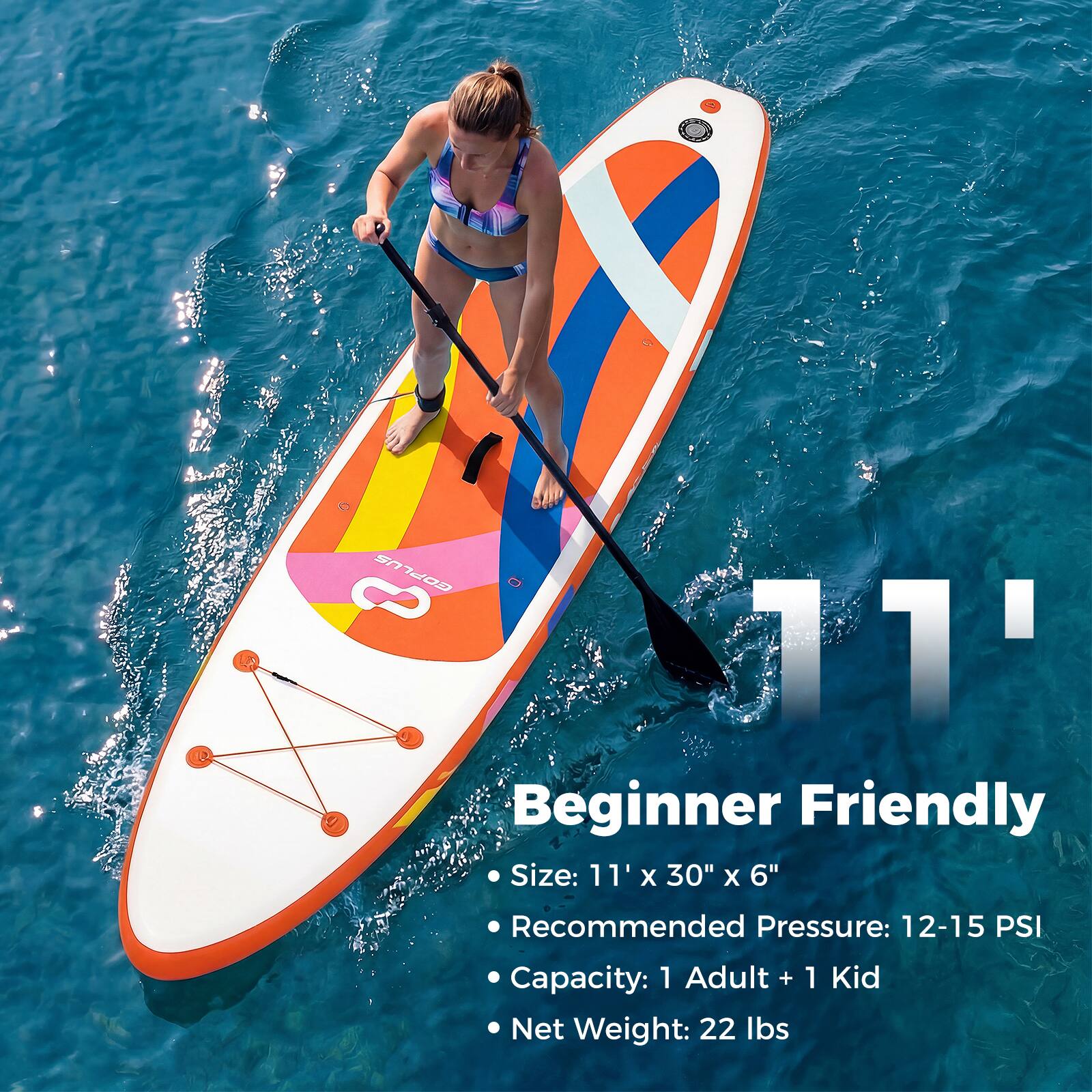 1 US GOPL 3 T1' 4 Beginner Friendly Size: 11' x 30" x 6" Recommended Pressure: 12-15 PSI Capacity: 1 Adult + 1 Kid Net Weight: 22 lbs