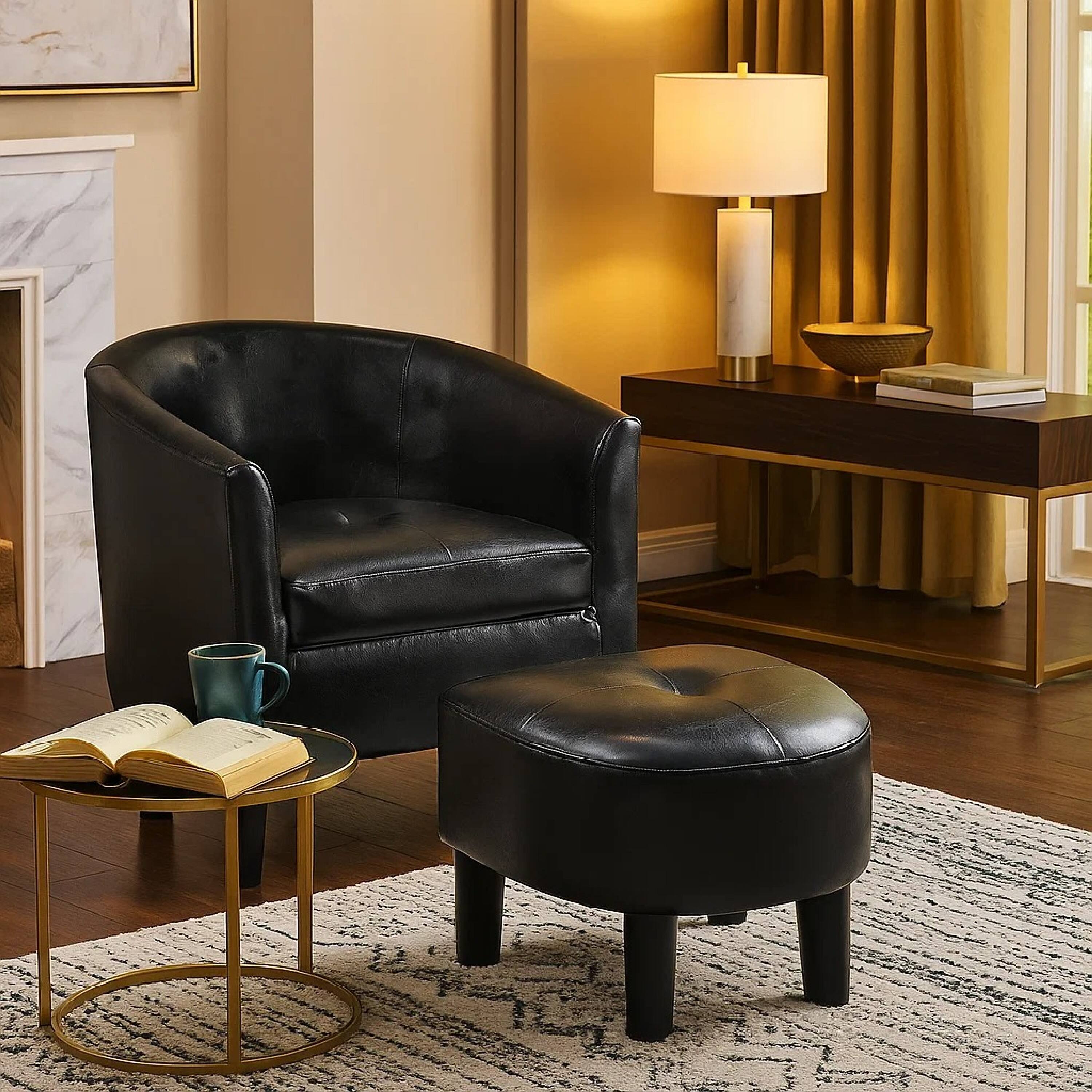 Alt View 3. Manhattan Lane - 2pc Accent Chair and Ottoman Set, Black Faux Leather, Foam Cushions - Black.