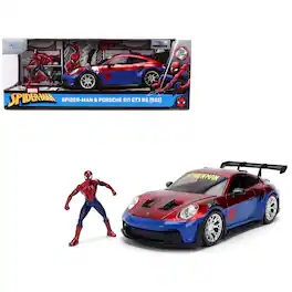 Porsche 911 GT3 RS (992) Red and Blue with Graphics and Figure "Marvel Spider-Man" 1/24 Diecast Model Car by Jada