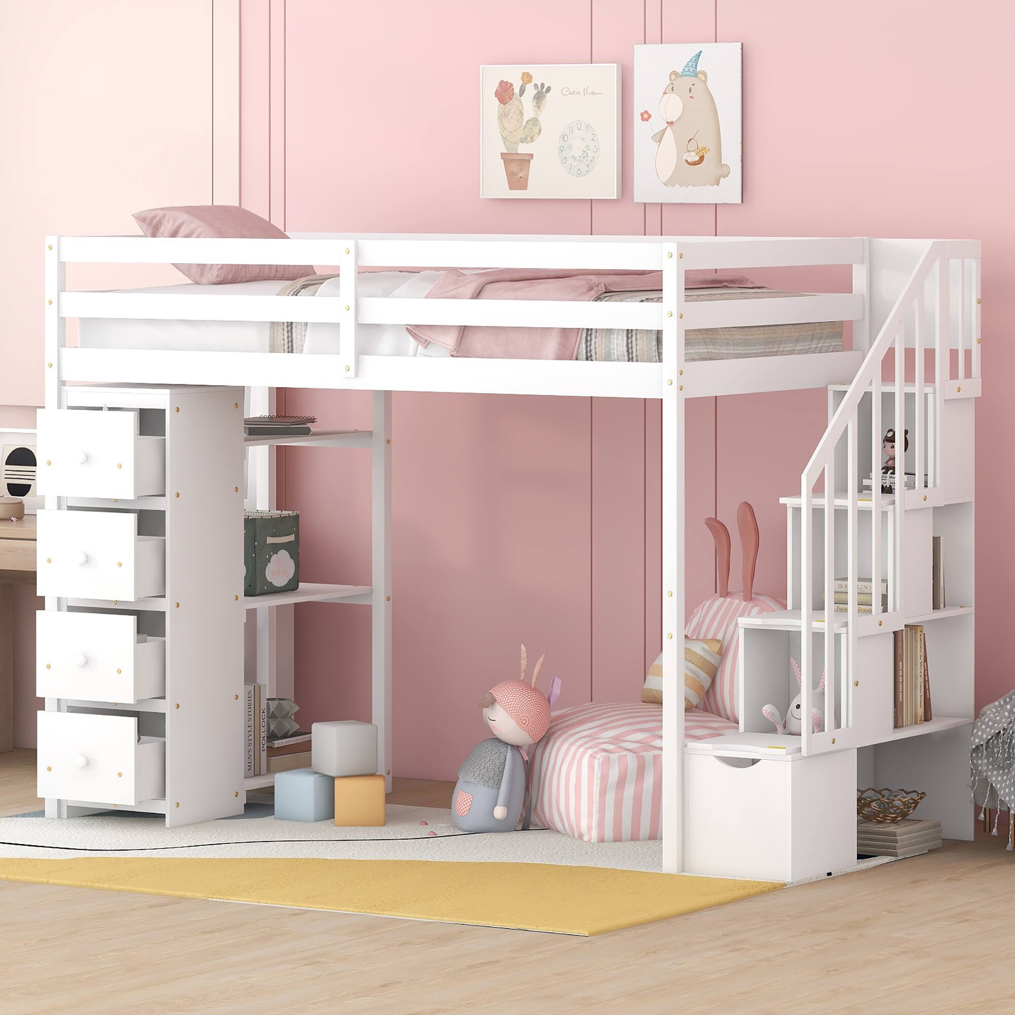 Front. Aukfa - Twin size Loft Bed with Storage Drawers and Stairs, Wooden Loft Bed with Shelves - White.