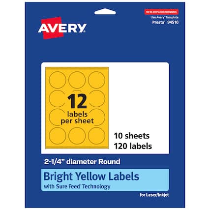 Go to avery.com/templates
AVERY
Use Avery Template Presta® 94510
12 labels per sheet
10 sheets
120 labels
2-1/4" diameter Round
Bright Yellow Labels with Sure Feed® Technology for Laser/Inkjet
