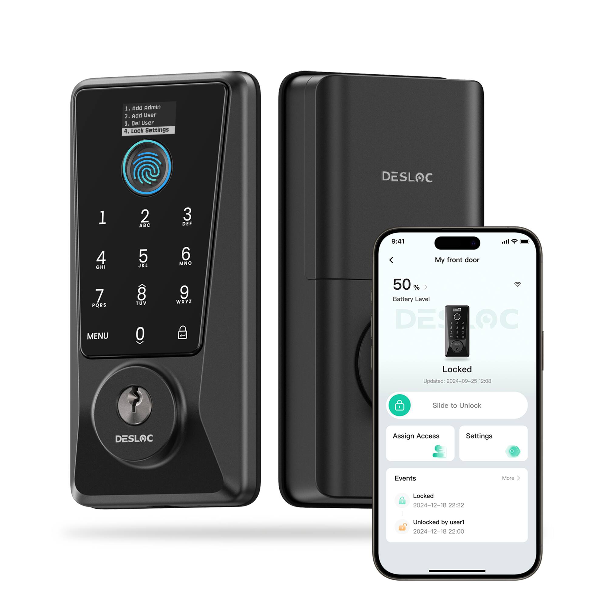 DESLOC - D110 Plus WiFi Smart Door Lock with APP Control, Smart Keypad Deadbolt with Fingerprint for Front Door - Black