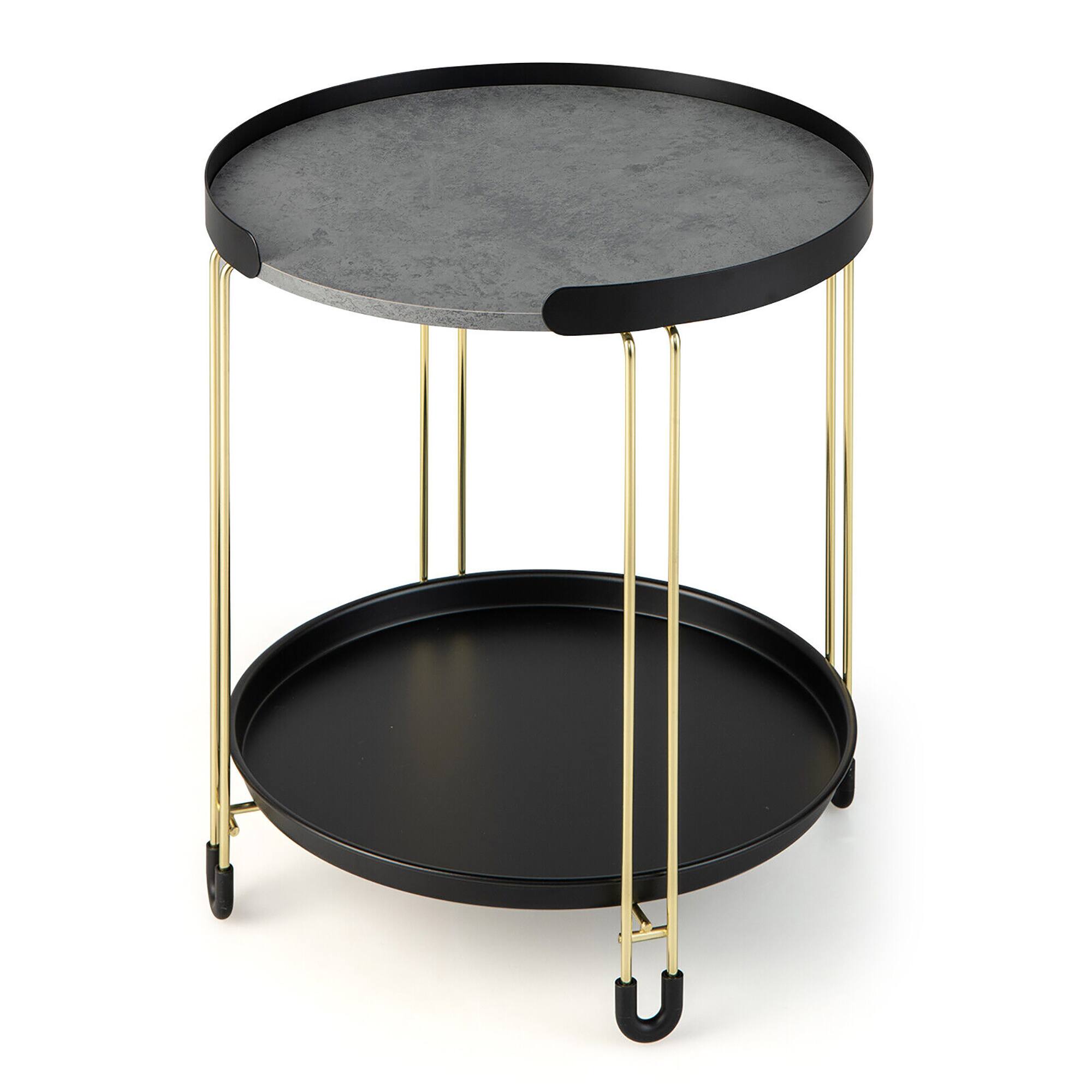 Alt View 9. Gymax - Gymax 2-Tier Side End Table Round Nightstand Gold Frame for Living Room Bedroom - Black & Gold & Grey.