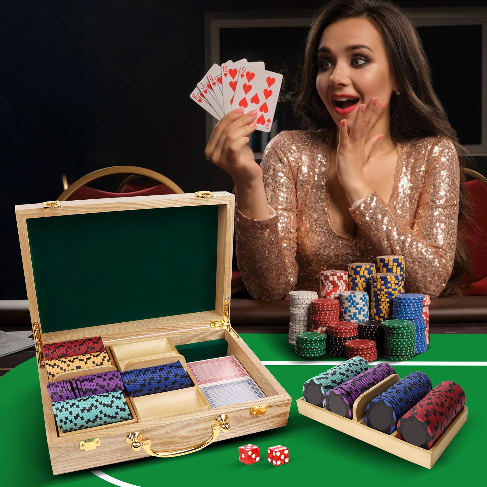 Alt View 1. GSE Games & Sports Expert - Poker Chips Carrier with 3 Wooden Poker Chip Trays for Any Thickness chips, Holds 300 Chips (Oak).