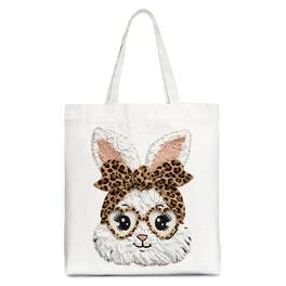 OrnamentallyYou - Easter Bunny Leopard Bow Tote Bag, Coquette Printed Faux Embroidery Girly Spring Gift Shopper - White