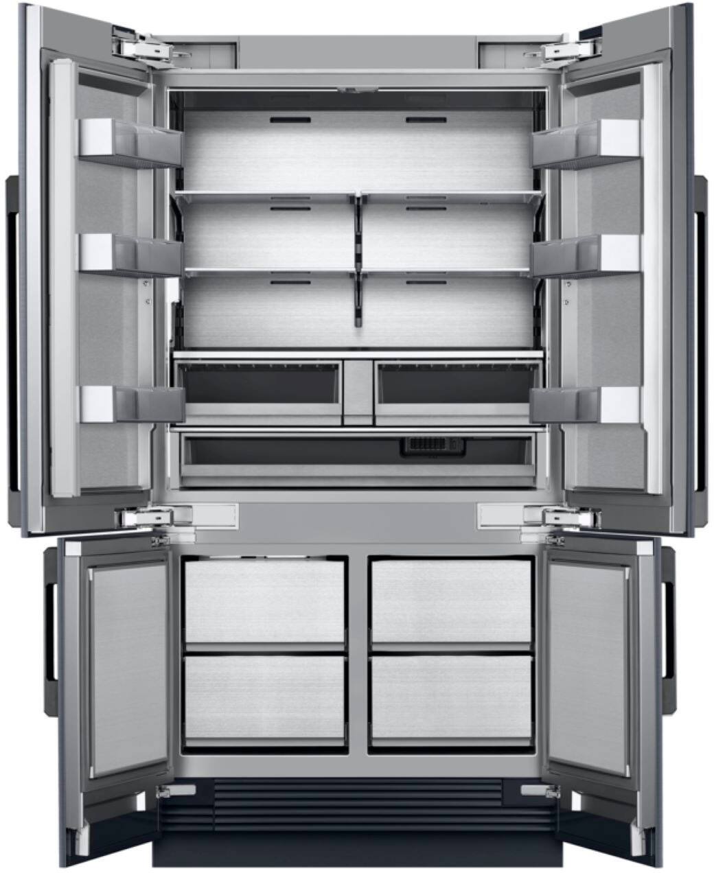 Left. Dacor - 23.5 Cu Ft 4-Door Flex French Door Built In Refrigerator with SteelCool Interior and Cocktail Ice - Custom Panel Ready.