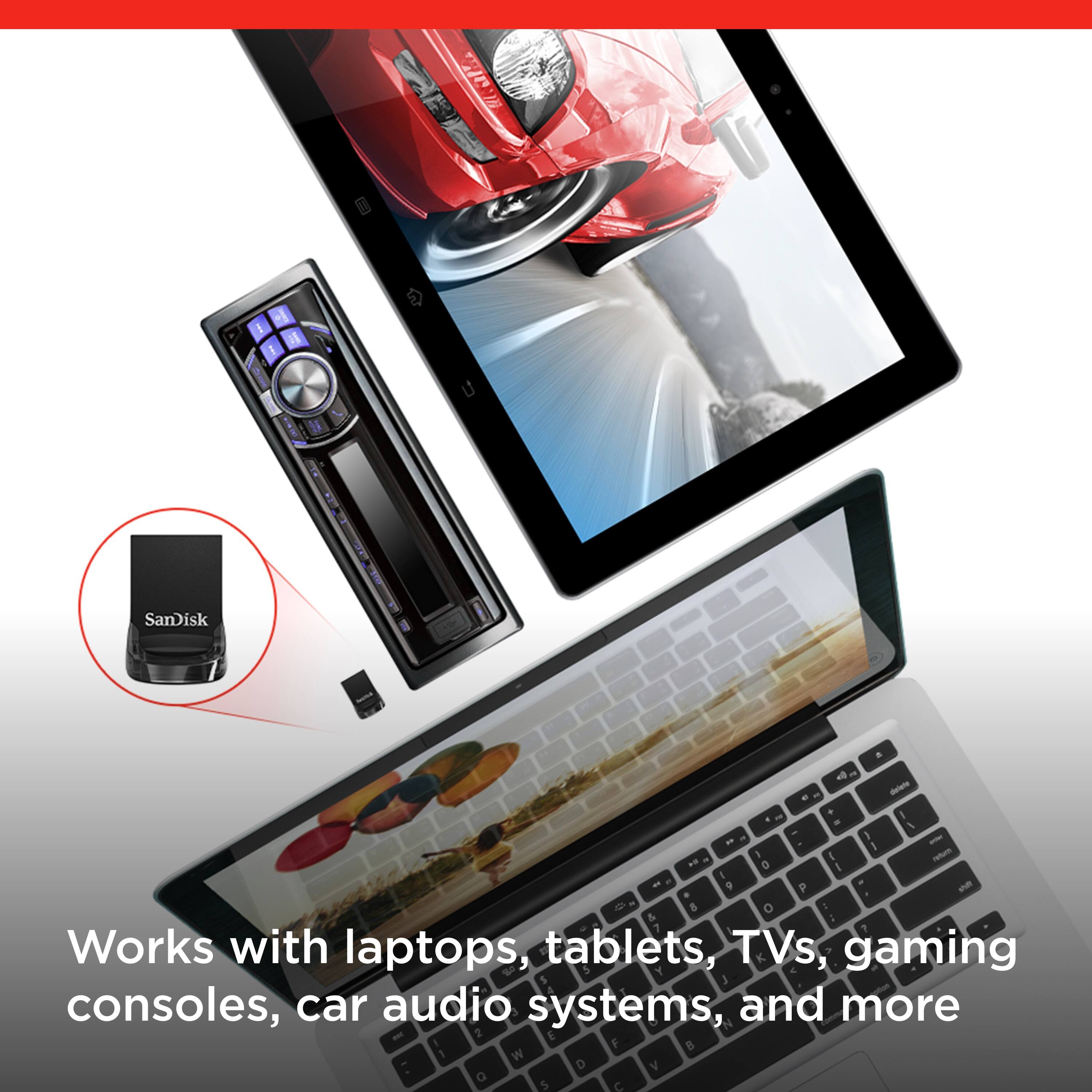 The text on the image reads: "Works with laptops, tablets, T.Vs, gaming consoles, car audio systems, and more."