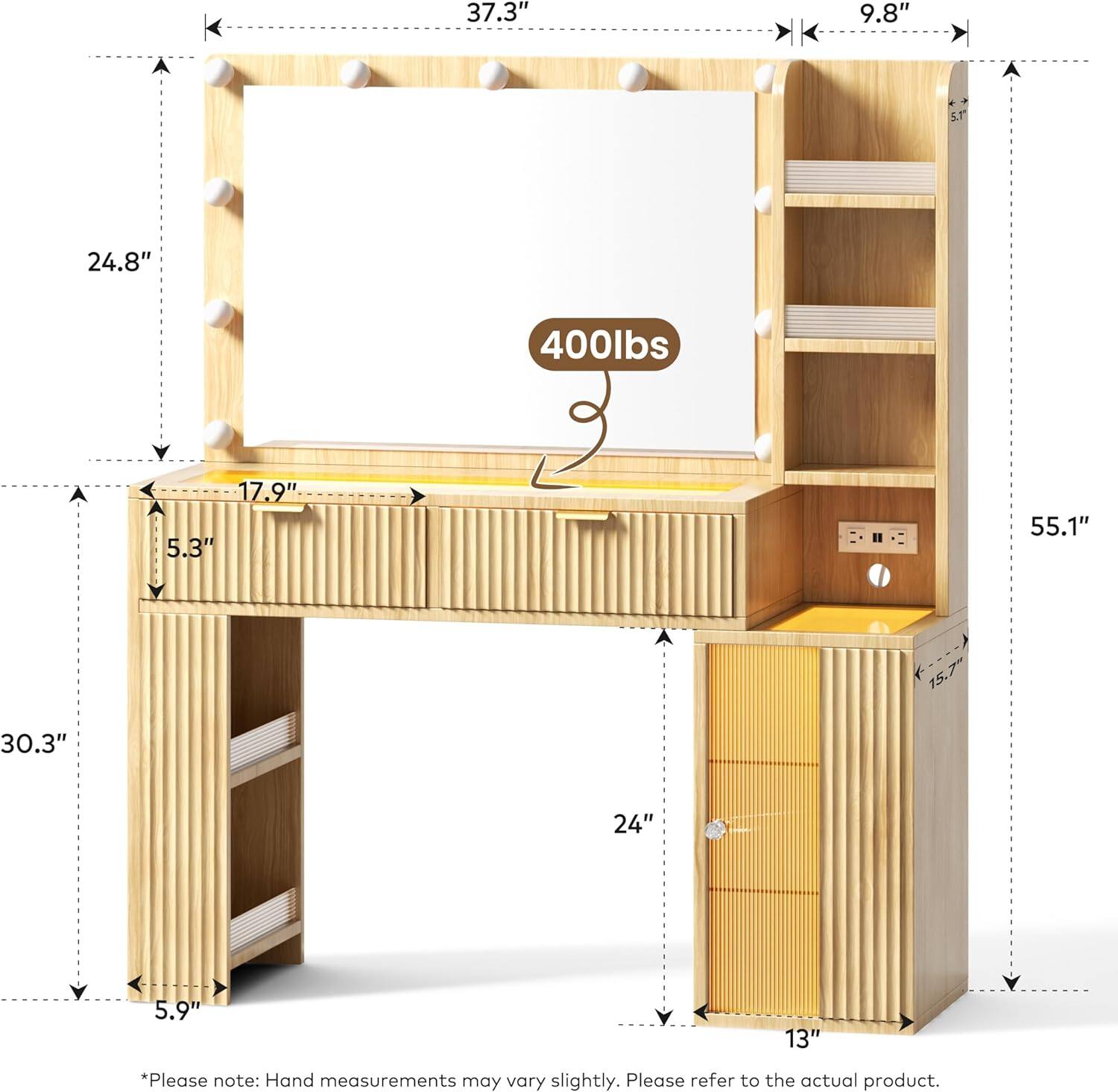 37.3"  
9.8"  
S.T  
24.8"  
400lbs  
17.9"  
5.3"  
55.1"  
30.3"  
24"  
5.9"  
13"  

*Please note: Hand measurements may vary slightly. Please refer to the actual product.