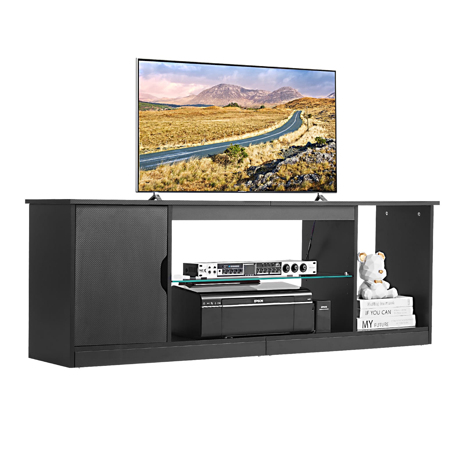 VEVOR - TV Stand for TVs up to 65 inch, Modern Entertainment Center with Light Strip, Wooden TV Cabinet Storage - Black