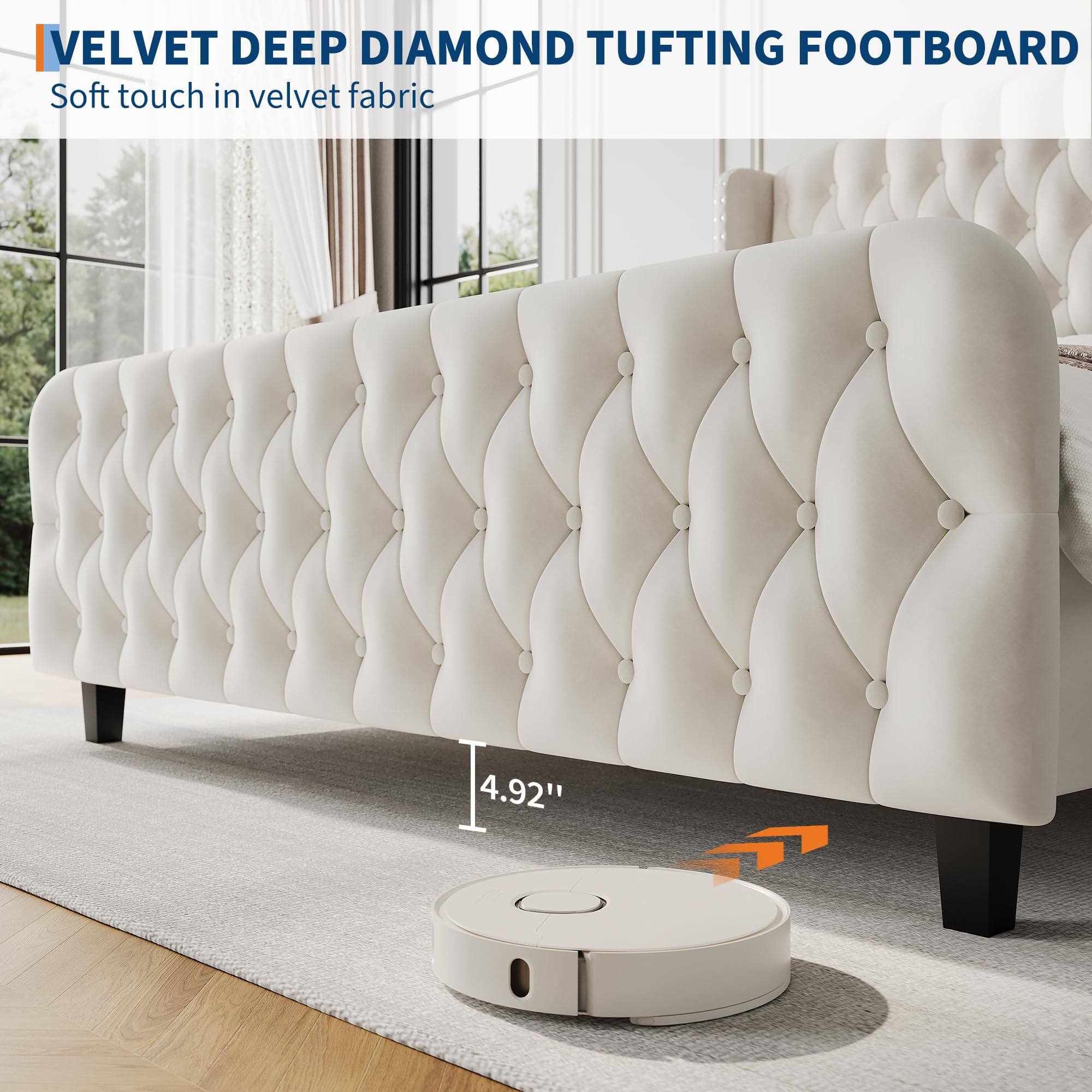 VELVET DEEP DIAMOND TUFTING FOOTBOARD  
Soft touch in velvet fabric  

4.92"