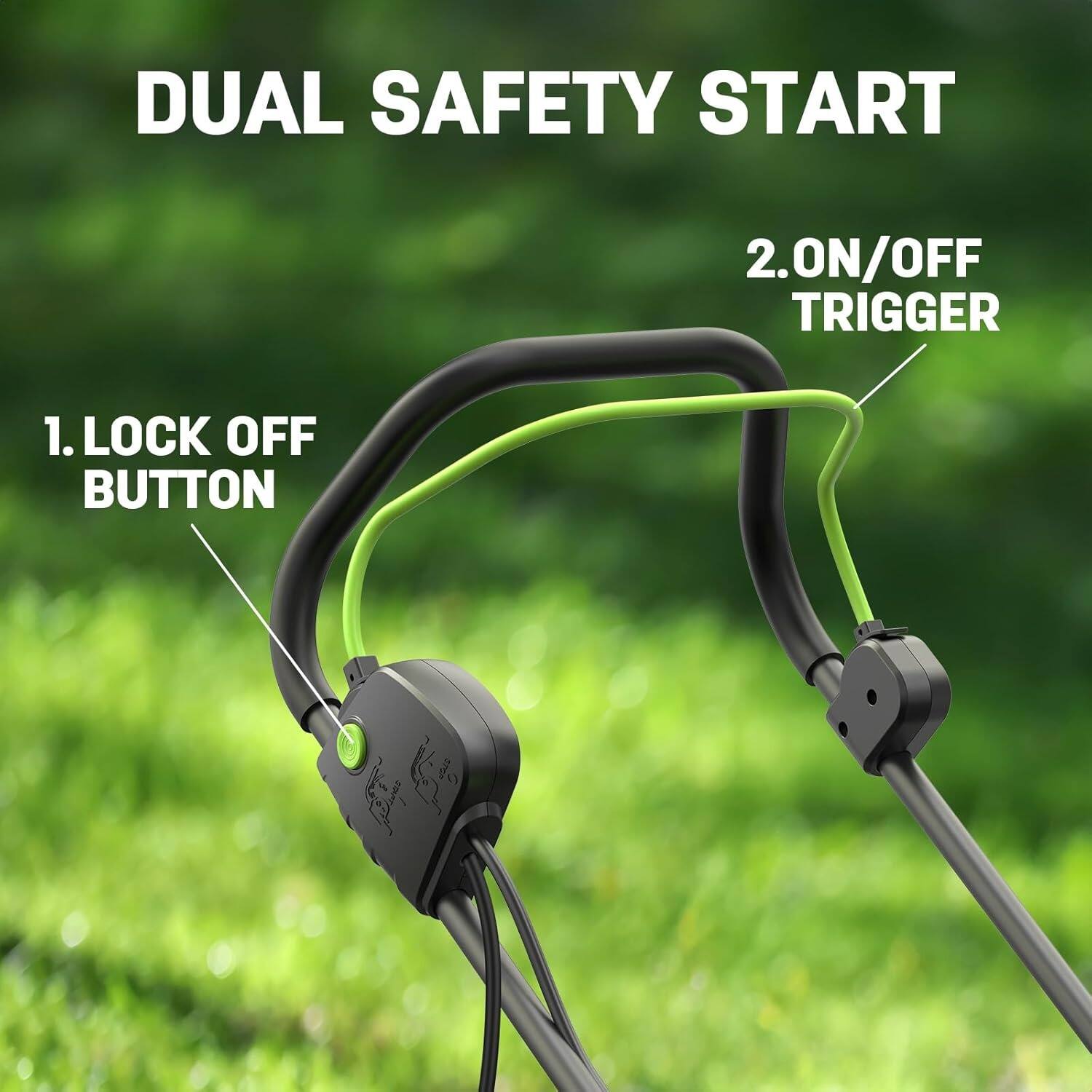 DUAL SAFETY START

1. LOCK OFF BUTTON

2. ON/OFF TRIGGER