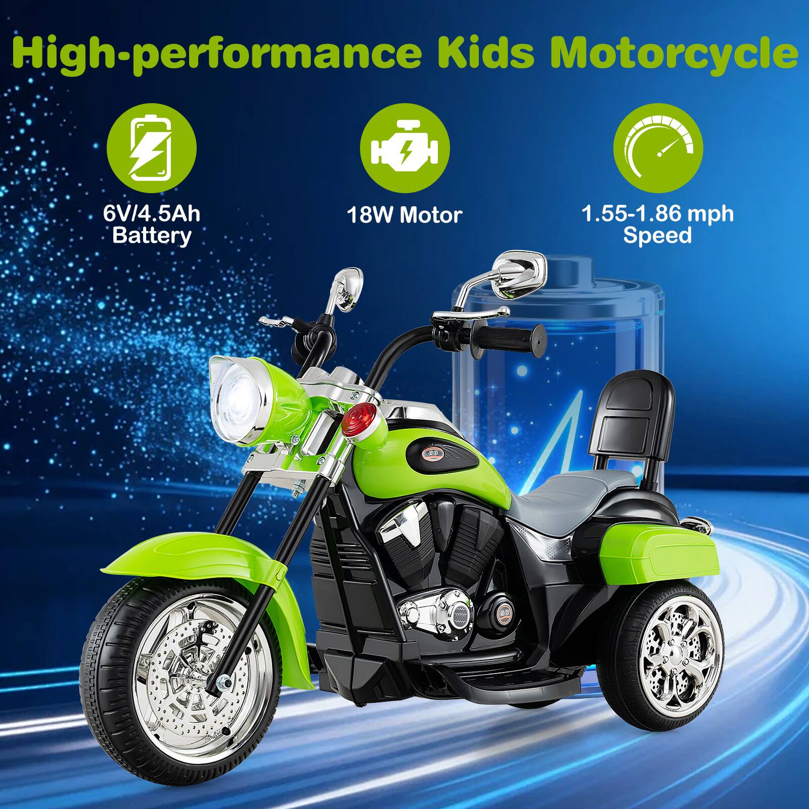 High-performance Kids Motorcycle

- 6V/4.5Ah Battery
- 18W Motor
- 1.55-1.86 mph Speed