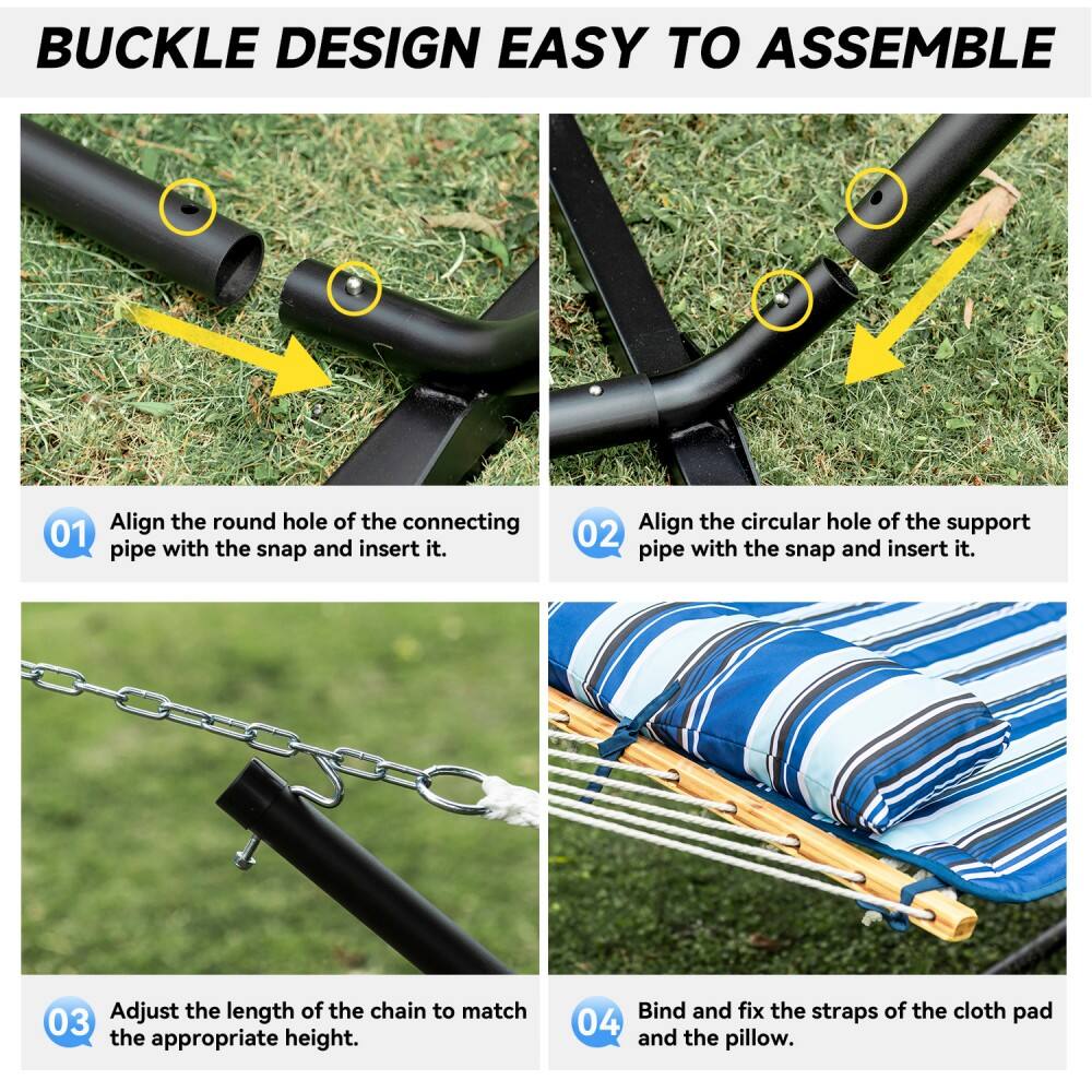 BUCKLE DESIGN EASY TO ASSEMBLE

01 Align the round hole of the connecting pipe with the snap and insert it.

02 Align the circular hole of the support pipe with the snap and insert it.

03 Adjust the length of the chain to match the appropriate height.

04 Bind and fix the straps of the cloth pad and the pillow.