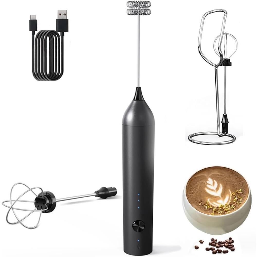 Left. ACJPR - Rechargeable Handheld Milk Frother Wand with Stand, 3-Speed Electric Whisk, 2 Stainless Steel Stirrers, Drink Mixer for - Black.