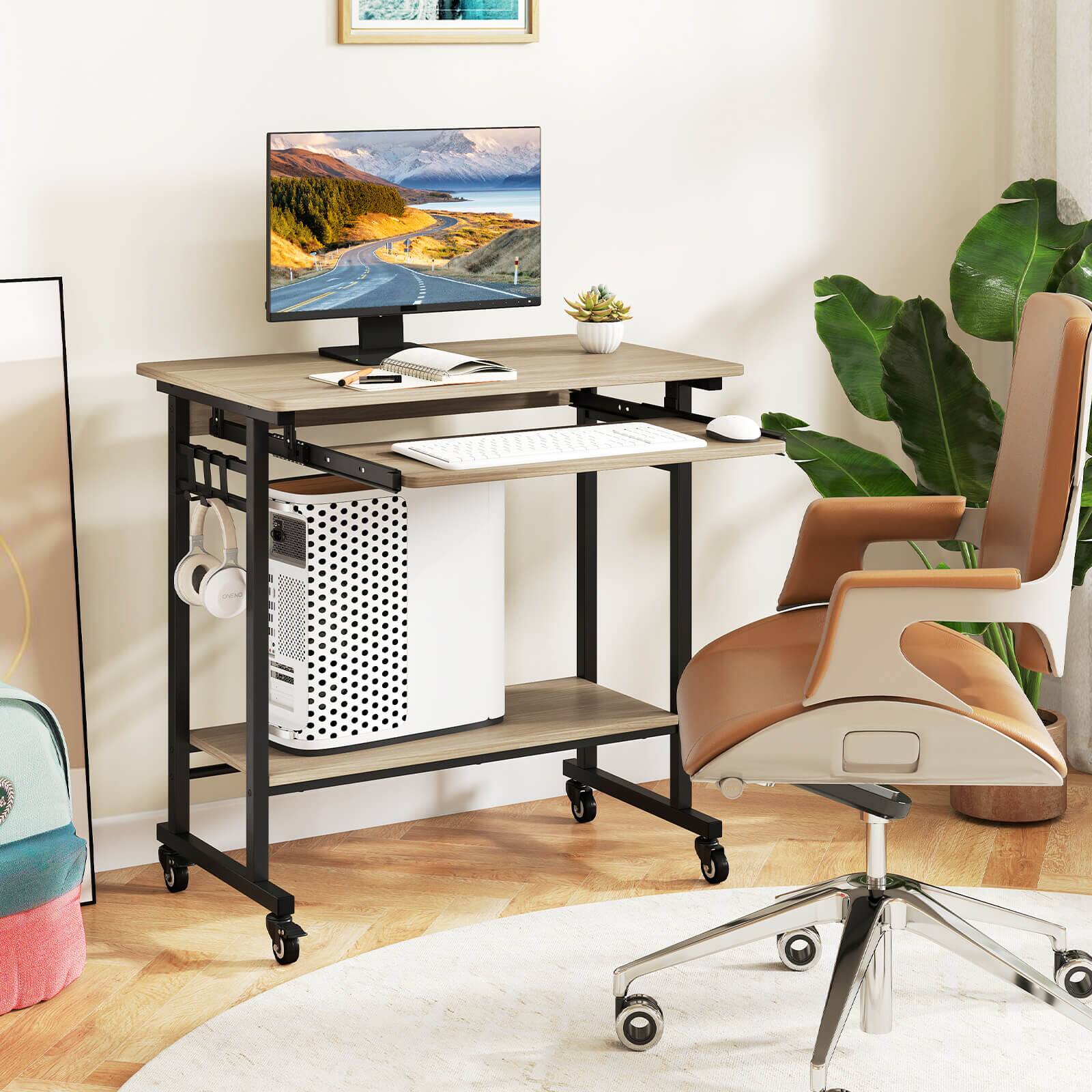 Alt View 4. Costway - Costway Mobile Laptop Desk with Keyboard Tray, Lower Shelf, 3 Hooks, 4 Universal Wheels - Gray.