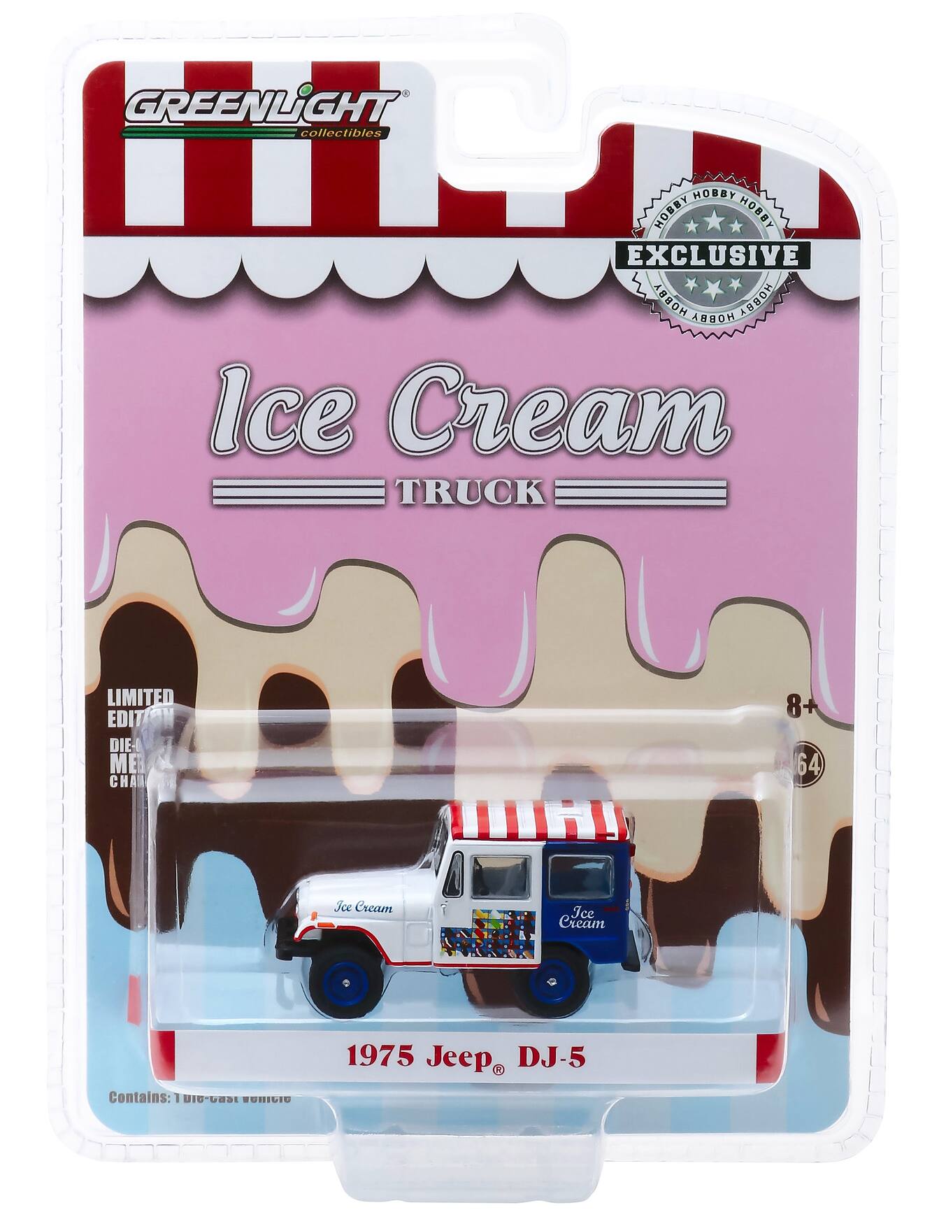 GREENLIGHT collectibles  
Hobby Hobby Hobby Exclusive  
Ice Cream Truck  
Limited Edition  
Die-Cast Metal  
Contains: 1 Die-Cast Vehicle  
1975 Jeep DJ-5  
8+