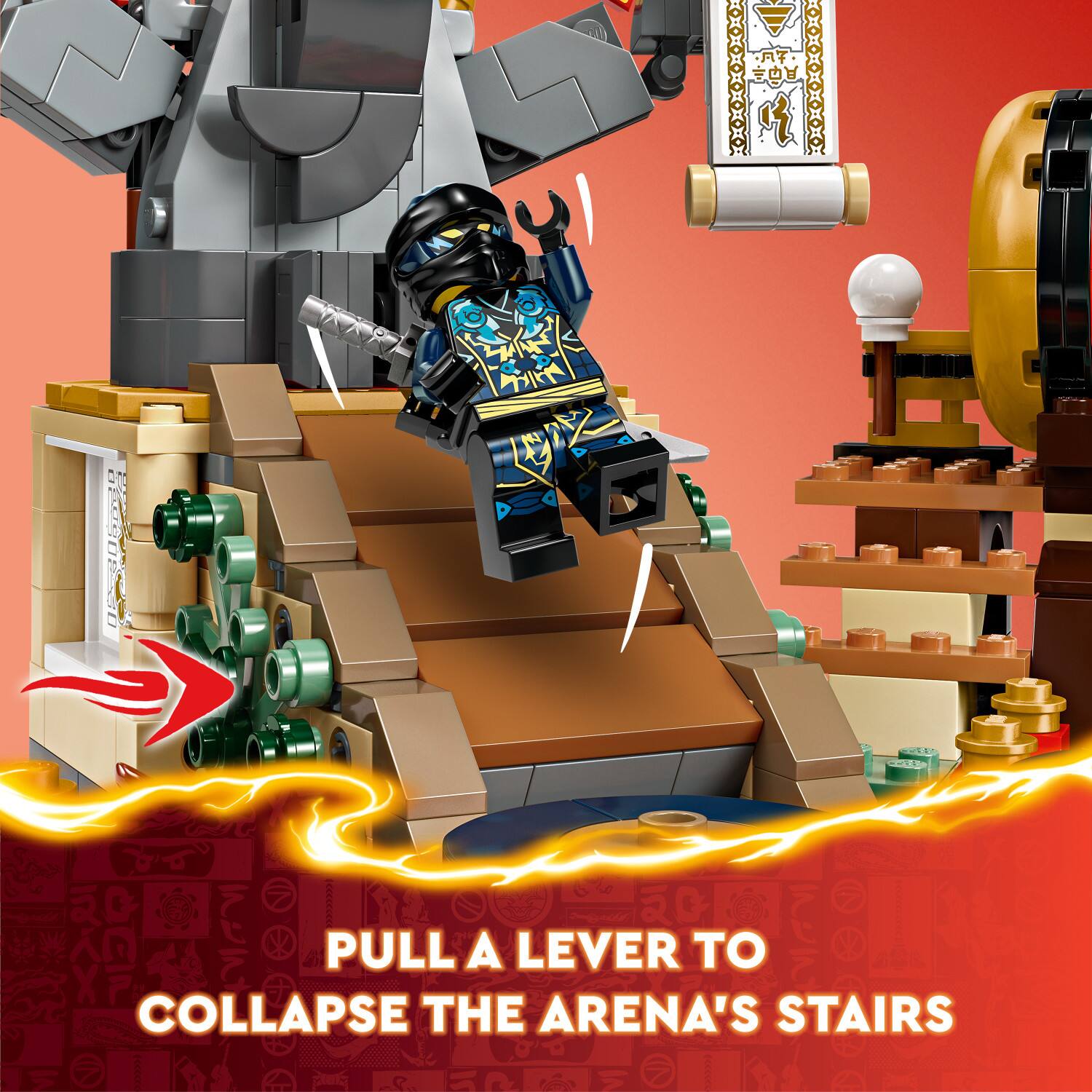 Pull a lever to collapse the arena's stairs.