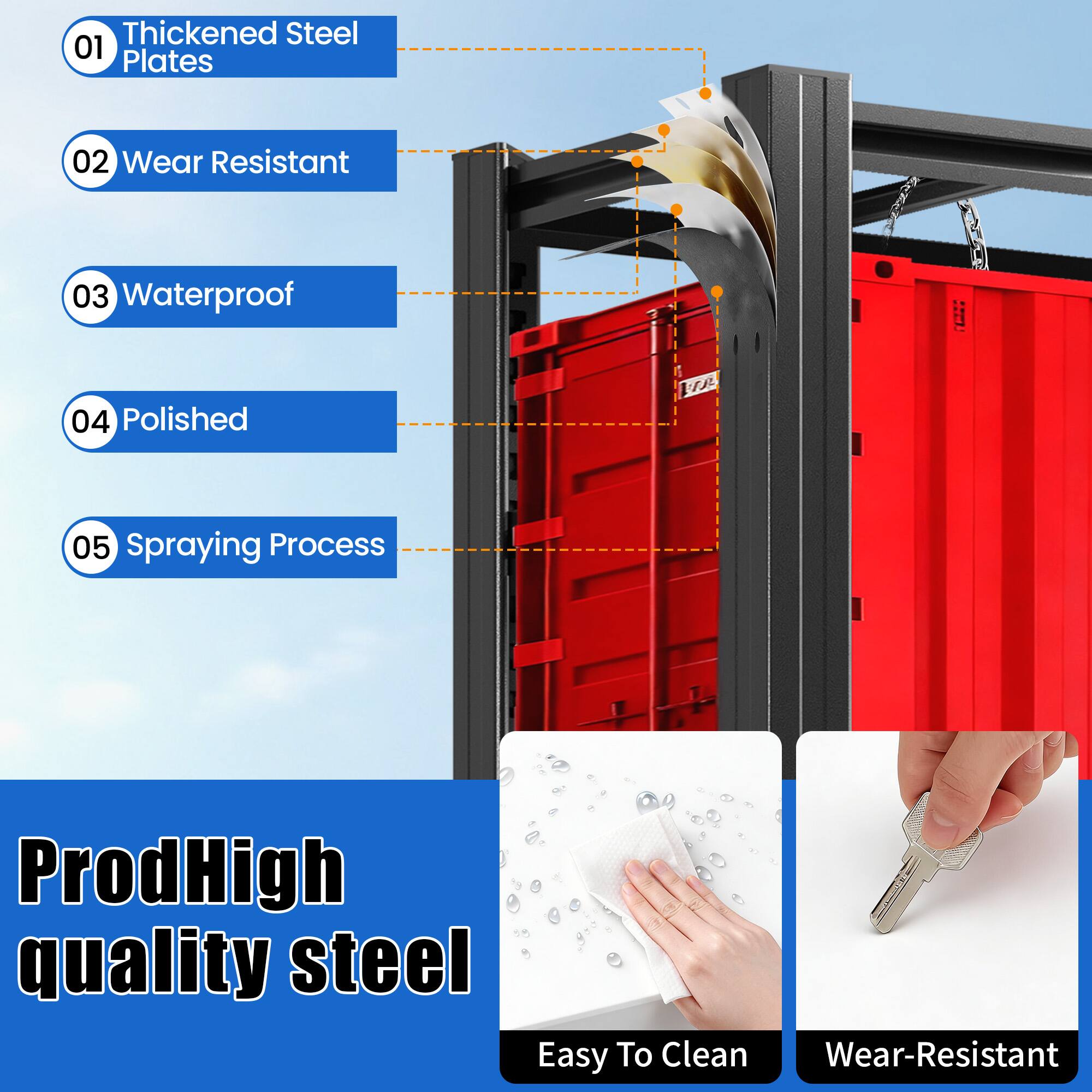 Thickened Steel Plates  
Wear Resistant  
Waterproof  
Polished  
Spraying Process  

ProdHigh quality steel  
Easy To Clean  
Wear-Resistant