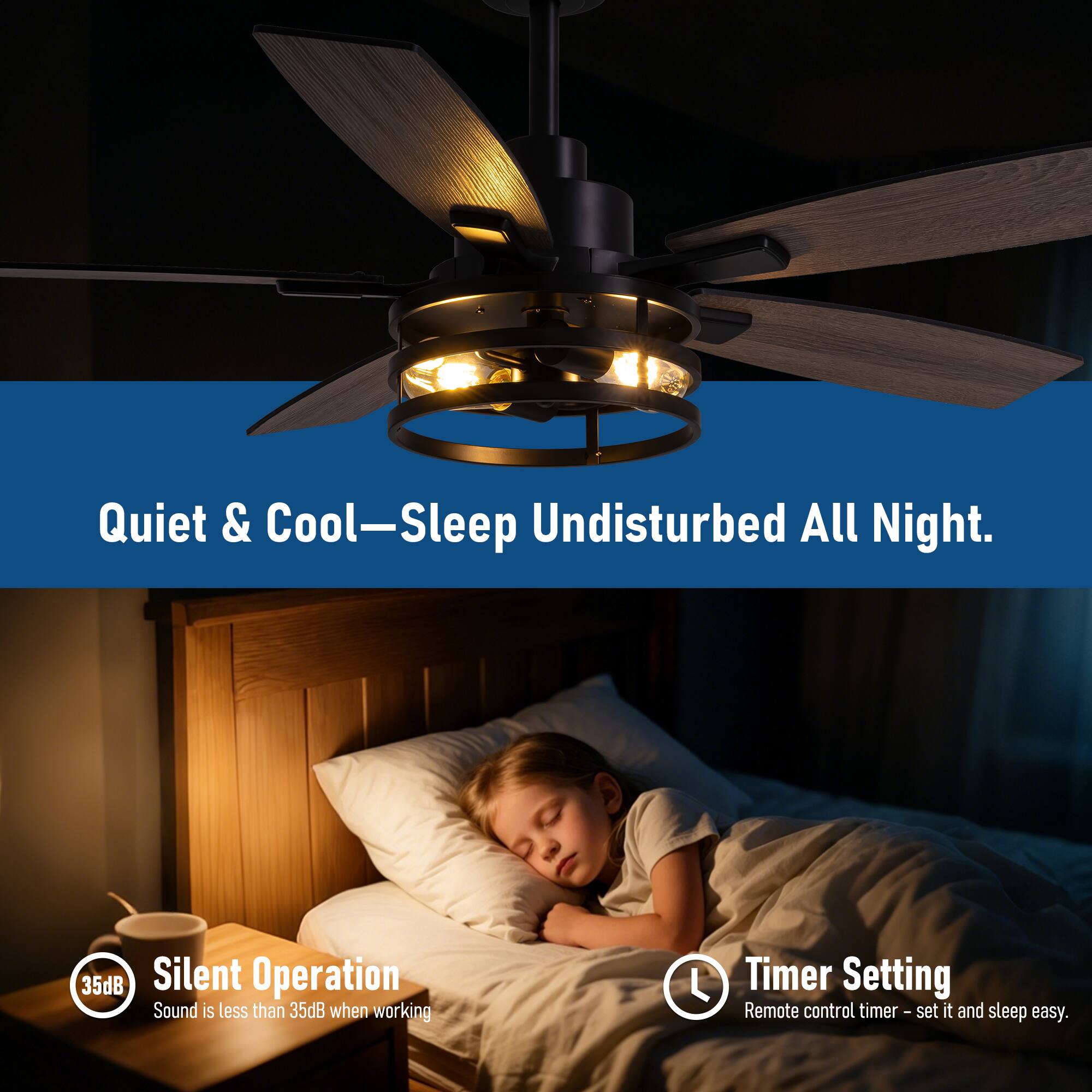 Quiet & Cool—Sleep Undisturbed All Night.

35dB Silent Operation
Sound is less than 35dB when working

Timer Setting
Remote control timer - set it and sleep easy.