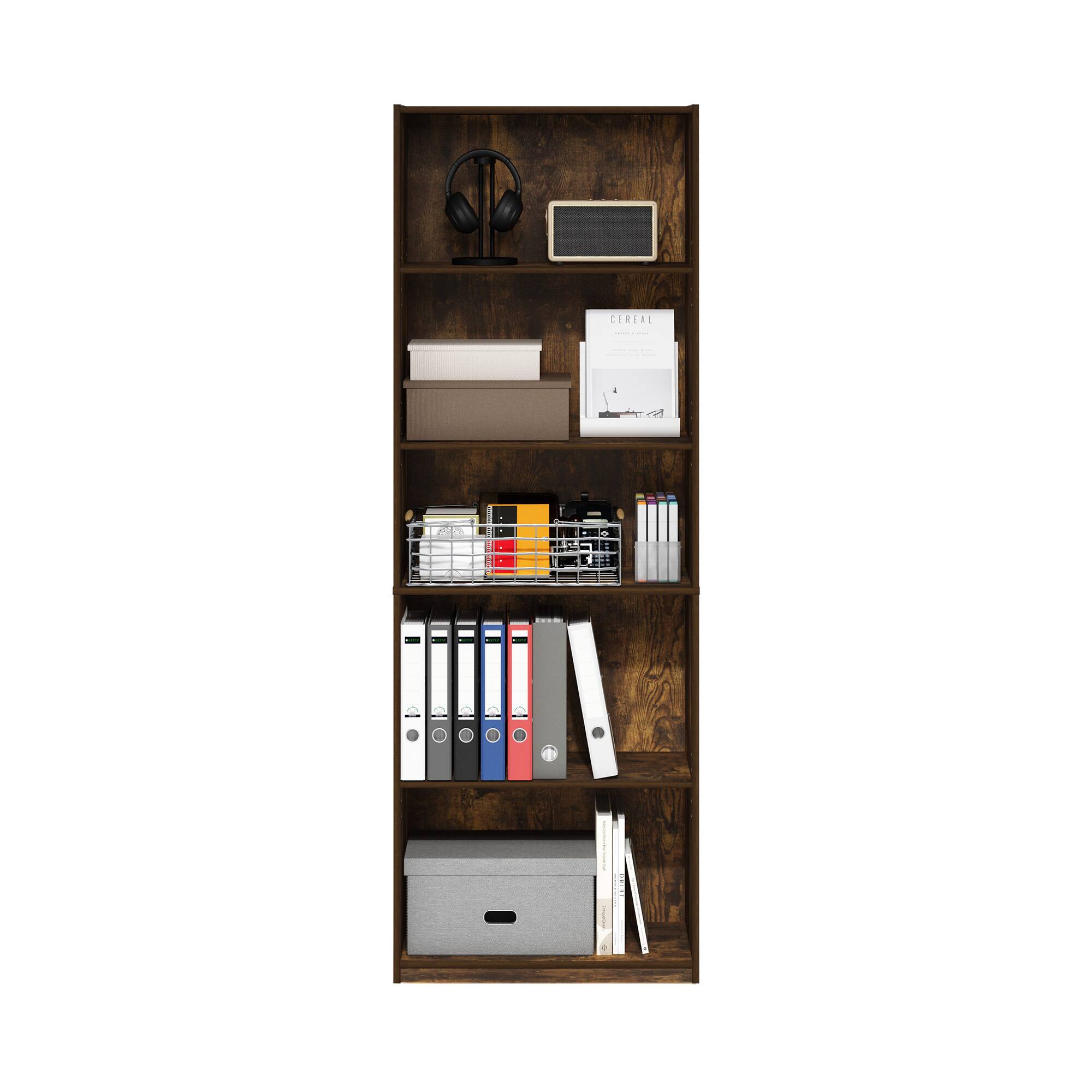Alt View 5. Furinno - GEHRY Book Shelf, 5-Tier Bookshelf, Bookcase, with Adjustable Shelves, 11.6 x 24.8 x 71.4, for Home Office, Living Room - Amber Oak.