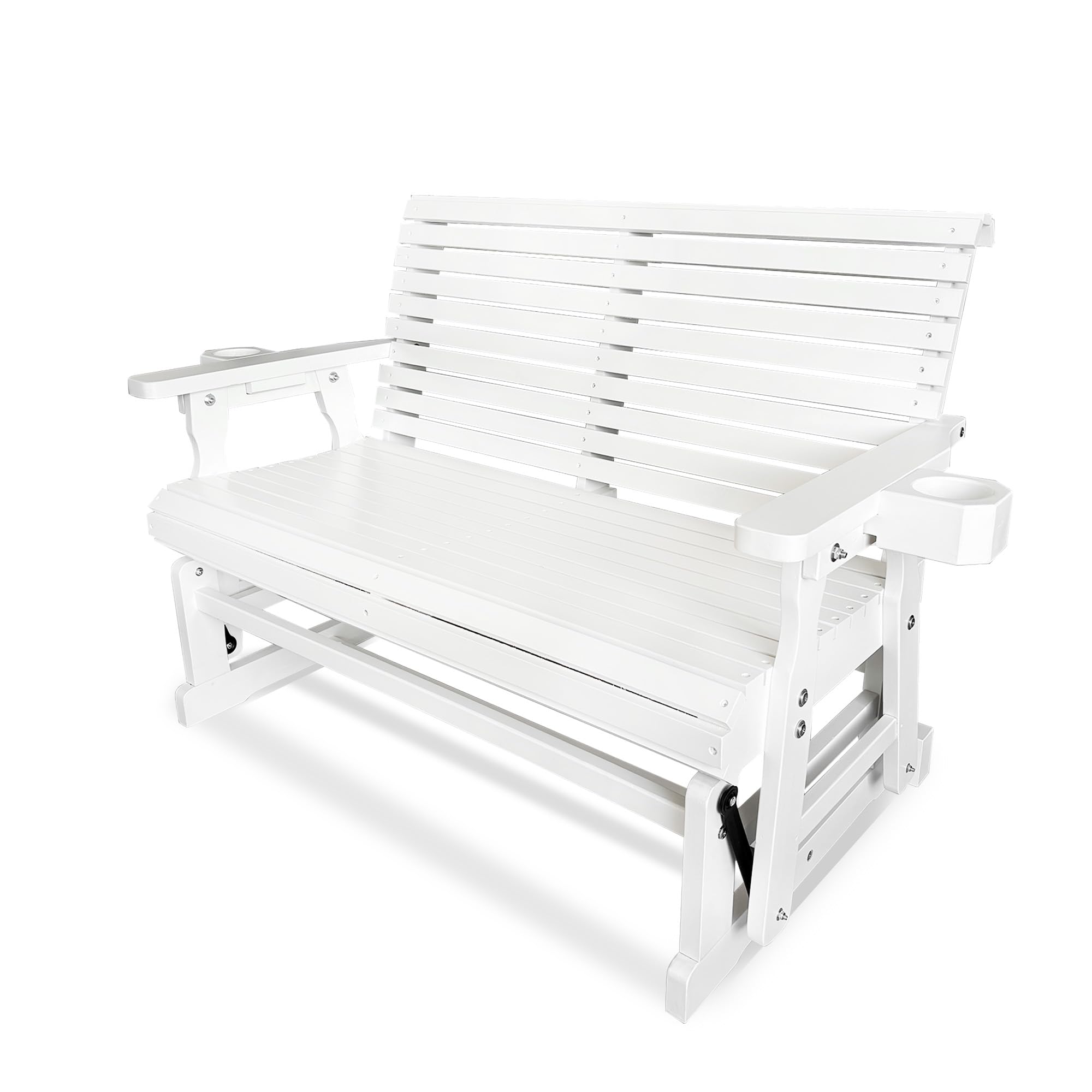 Angle. Fortune Candy - Wooden Patio Glider with Cup Holders, High Roll Back and Deep Contoured Seat, Heavy Duty 800 Lb (2-Seater) - White.