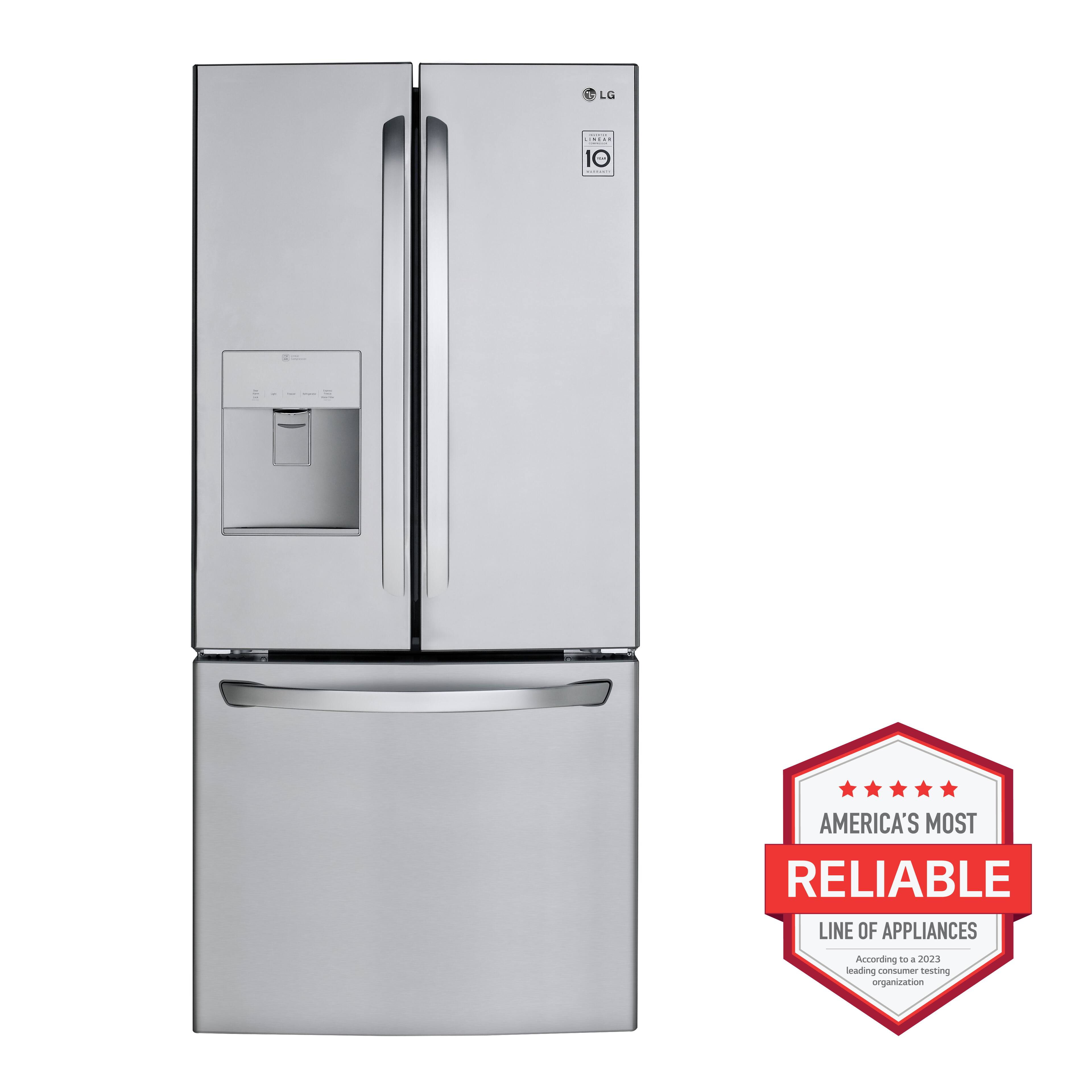 The image features a large, shiny, silver refrigerator with a freezer on top. The refrigerator is part of the LG brand, which is known for its reliability. The refrigerator is a full-size model, suitable for a large family or household. The image also displays a logo that indicates the refrigerator has been rated as one of America's most reliable appliances.