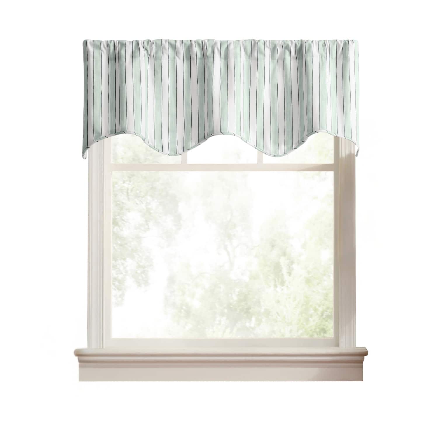 Ellis Curtain - Saratoga Stripe 100% Cotton Scallop Poly-Cotton Lined Rod Pocket Valance 50" x 16" - Green
