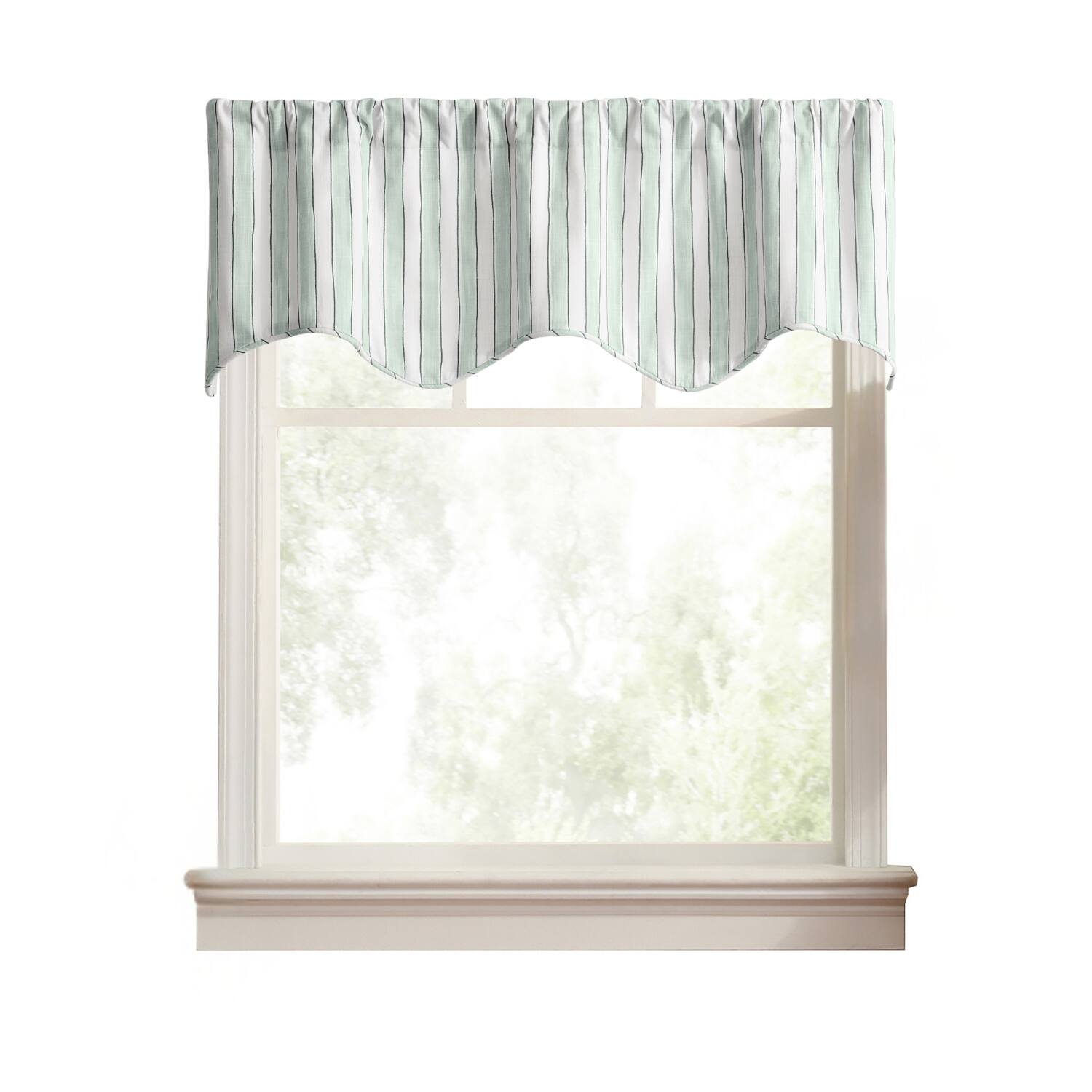 Front. Ellis Curtain - Ellis Curtain Saratoga Stripe 100% Cotton Scallop Poly-Cotton Lined Rod Pocket Valance 50" x 16" Green - Green.