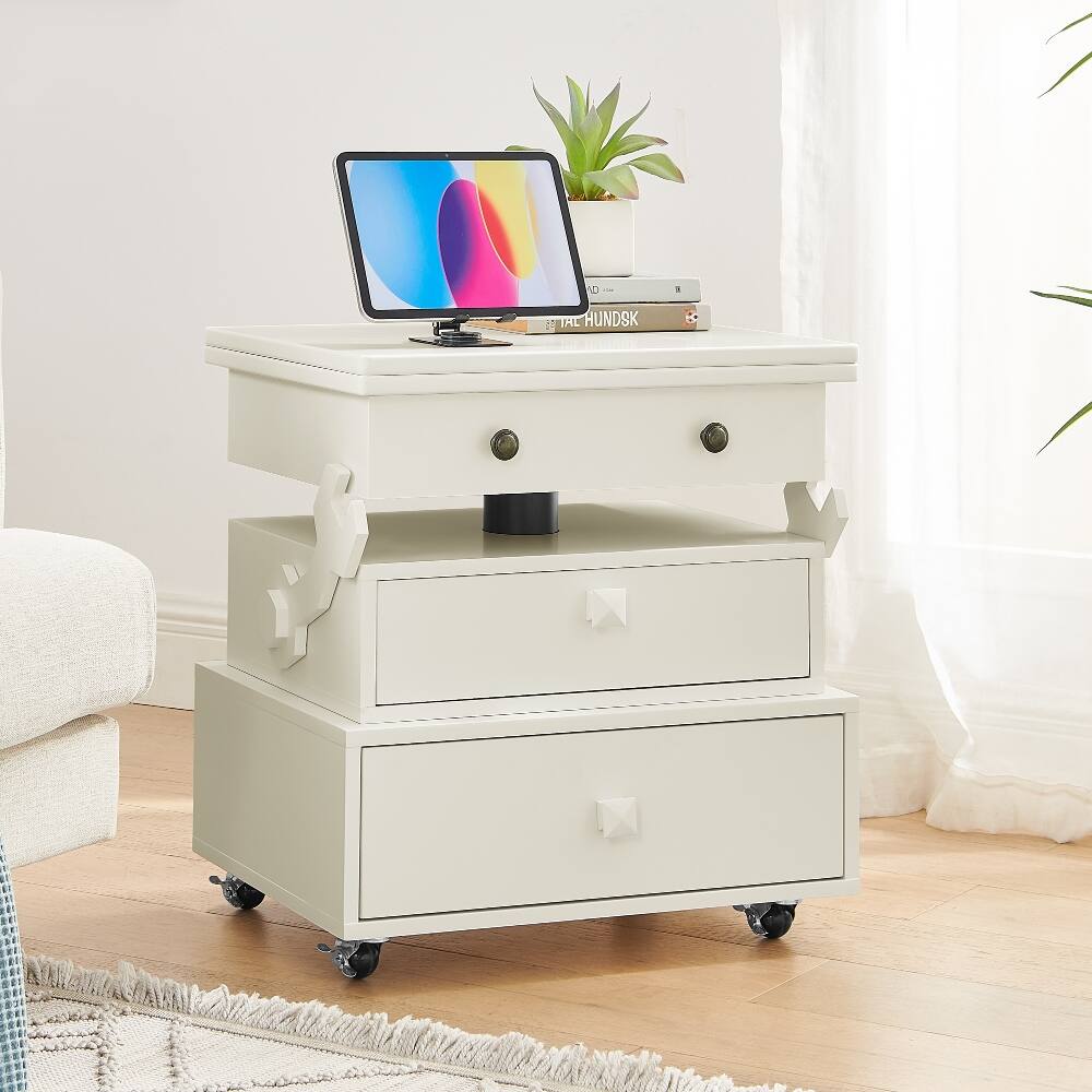 Back. Loheer - Adjustable Height End Table Rolling Side Table with Charging Station Lift Top Multi-Functional Bedside Table White - White.