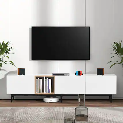 Front. APRILSOUL - Modern TV Stand for 80 TV 3 Doors Media Console Living Room Bedroom - White.