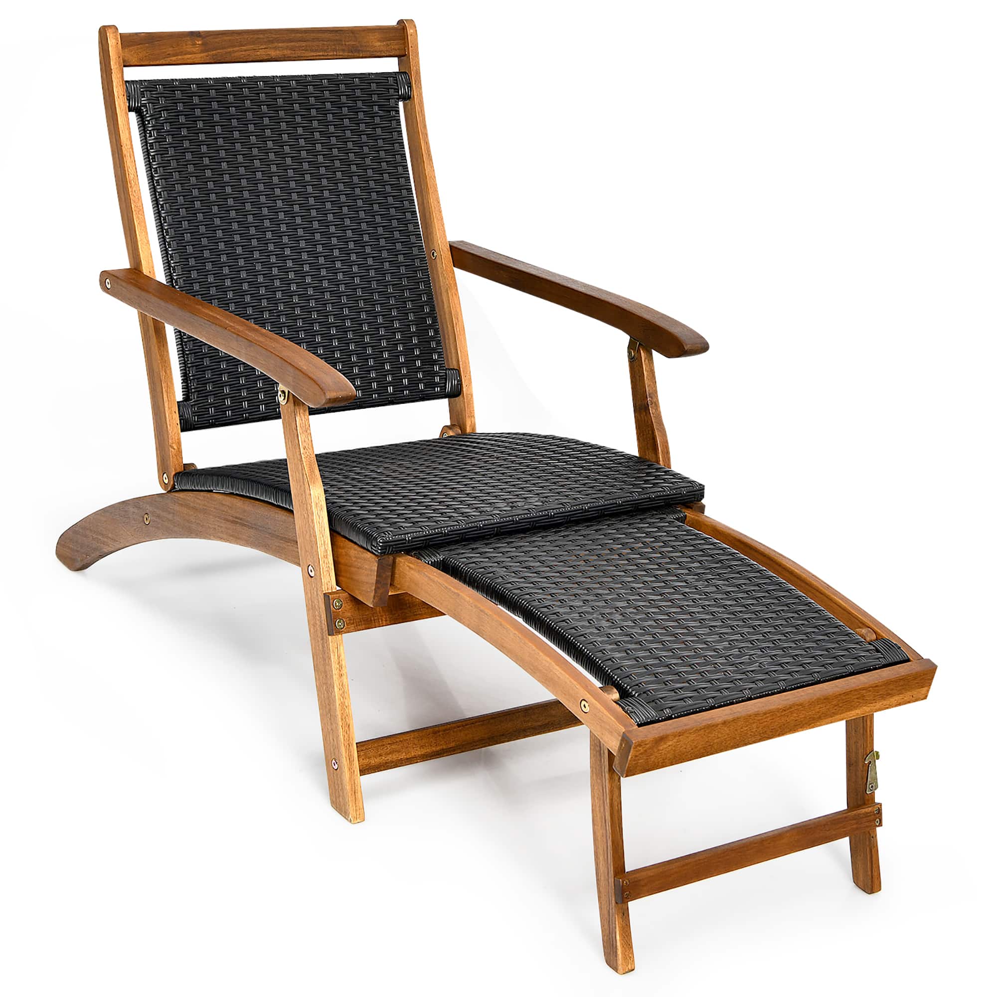 Front. Costway - Patio Folding Rattan Lounge Chair Wooden Frame W/ Retractable Footrest - Black & Natural.
