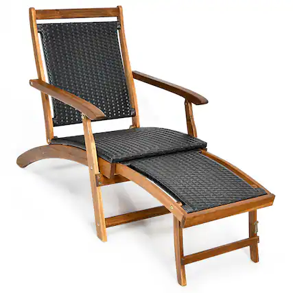 Front. Costway - Patio Folding Rattan Lounge Chair Wooden Frame W/ Retractable Footrest - Black & Natural.