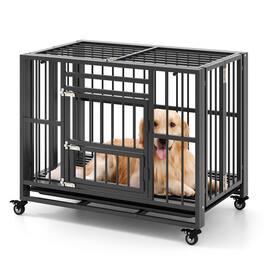 Gymax - Foldable Heavy-Duty Metal Dog Cage w/ Lockable Universal Wheels 3 Lockable Doors