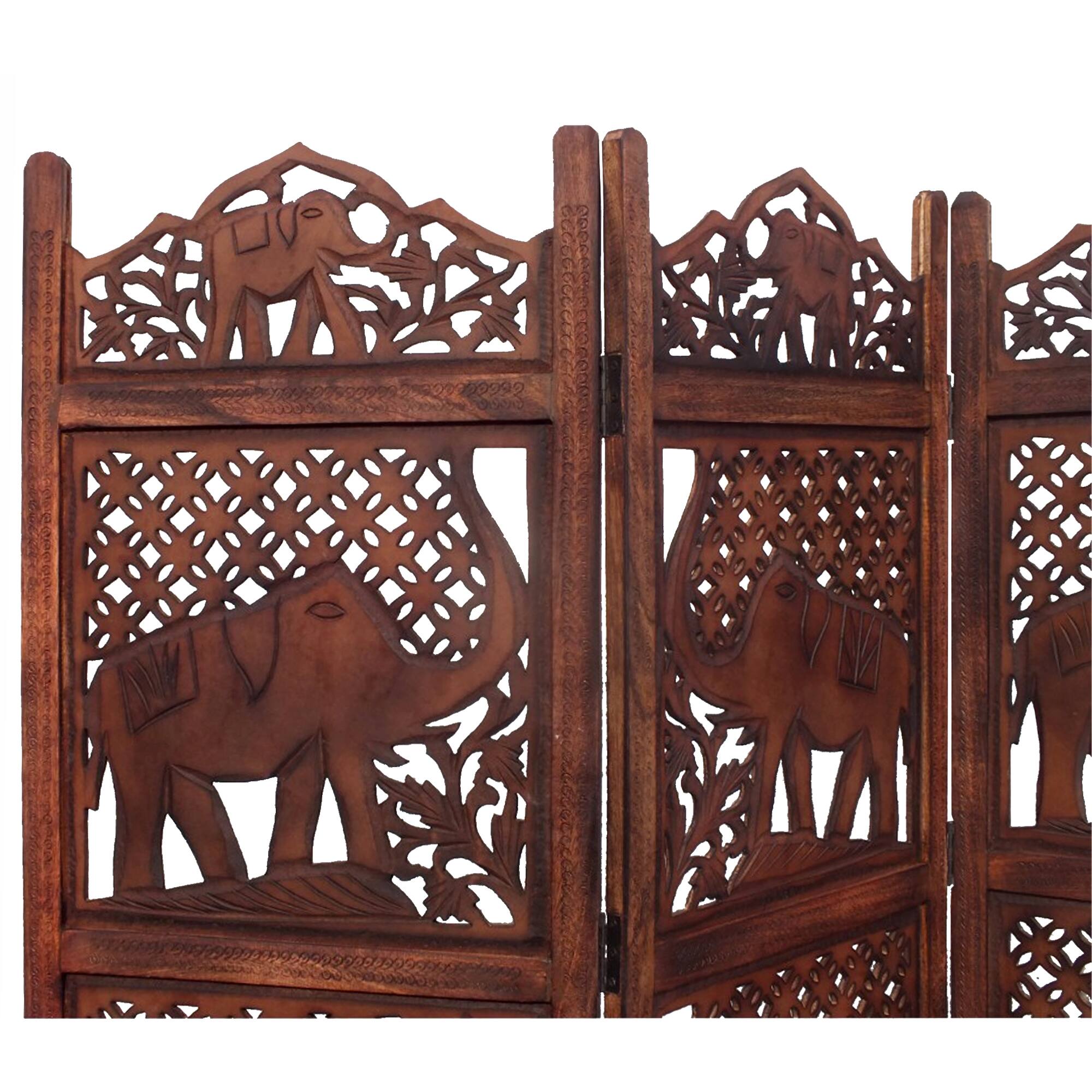 Alt View 2. Manhattan Lane - Zofi Hand Carved Elephant Design Foldable 4 Panel Wooden Room Divider - Brown.