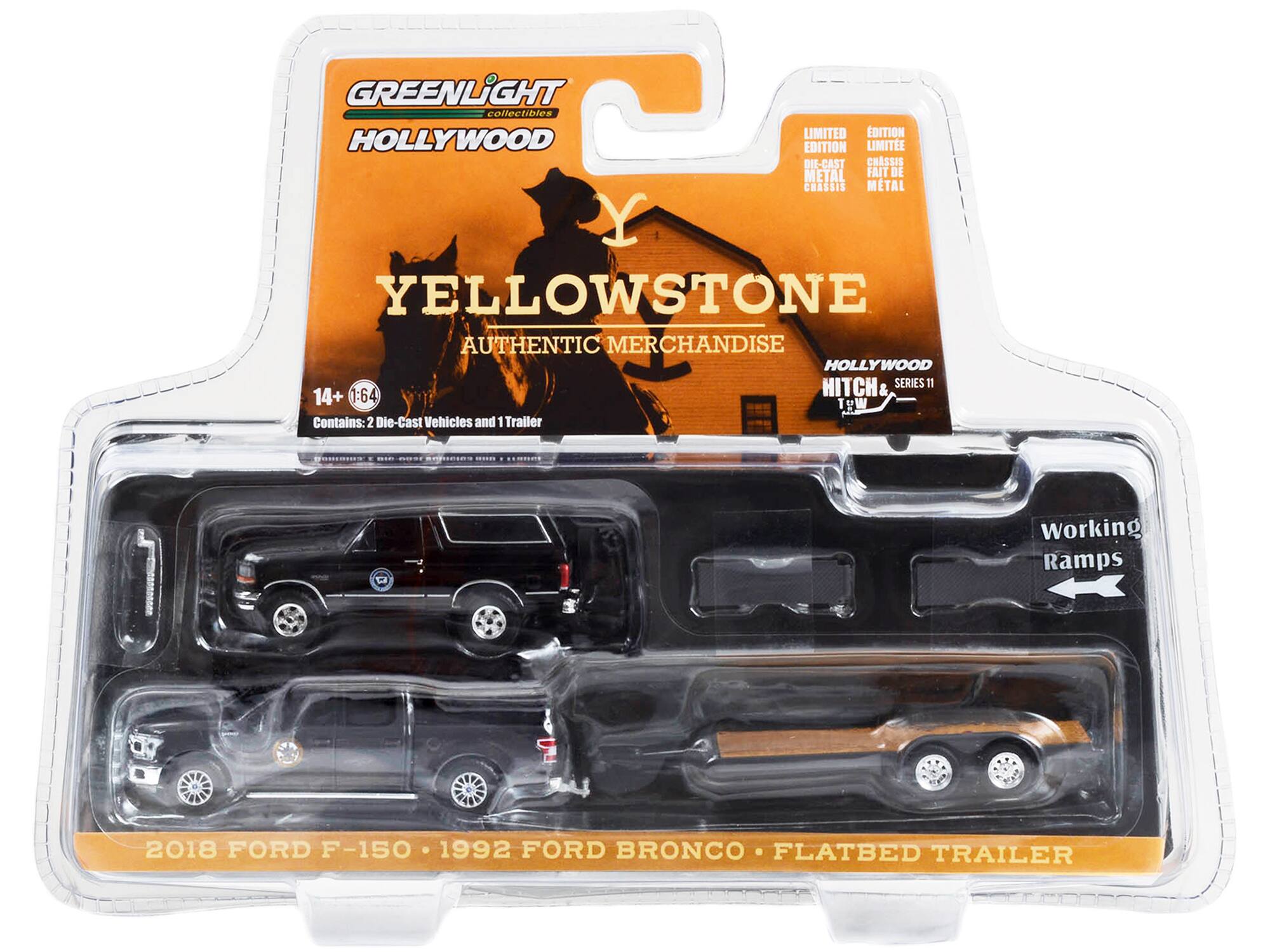 GREENLIGHT collectibles HOLLYWOOD LIMITED EDITION LIMITEE DIE-CAST CHASSIS METAL FAIT DE CHASSIS METAL YELLOWSTONE AUTHENTIC MERCHANDISE HOLLYWOOD HITCH & SERIES 11

Contains: 2 Die-Cast Vehicles and 1 Trailer Working Ramps

2018 FORD F-150 1992 FORD BRONCO FLATBED TRAILER