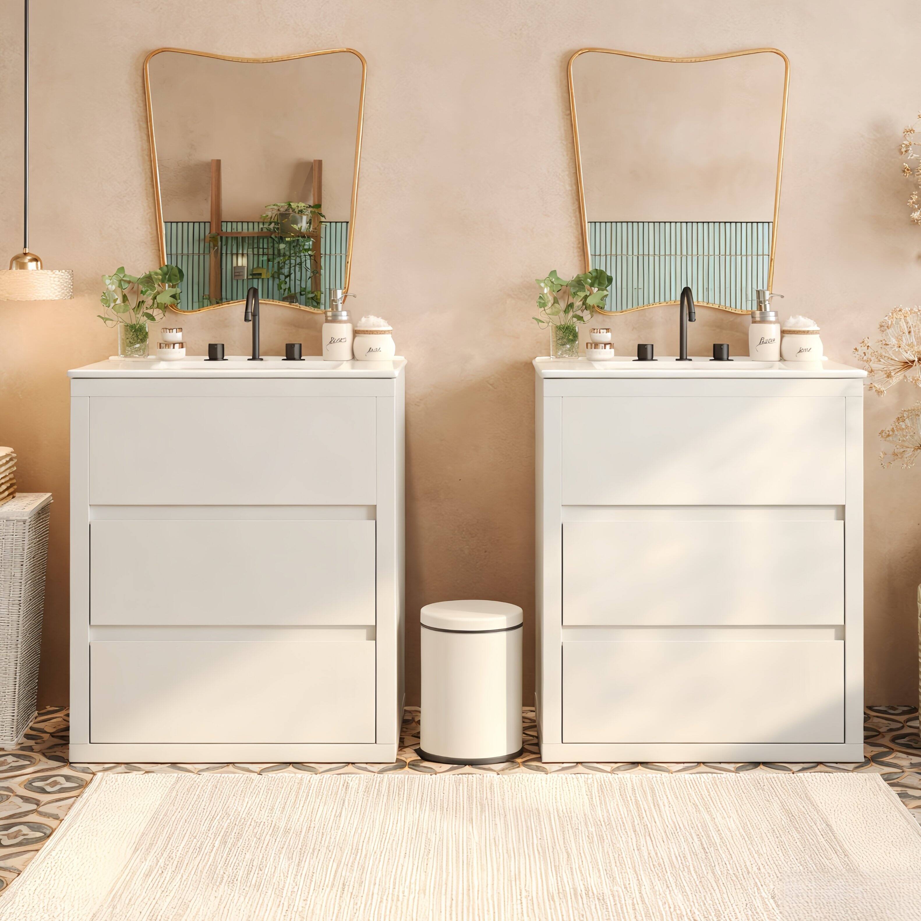 Back. Loheer - 5 ft Double Sink Bathroom Vanity Set with Ceramic Sinks, Soft Close Drawers - White.