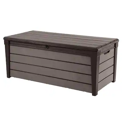 Front. Keter - Keter Brushwood 120 Gallon Resin Outdoor Deck Storage Box for Yard Tools, Brown - Light Brown.