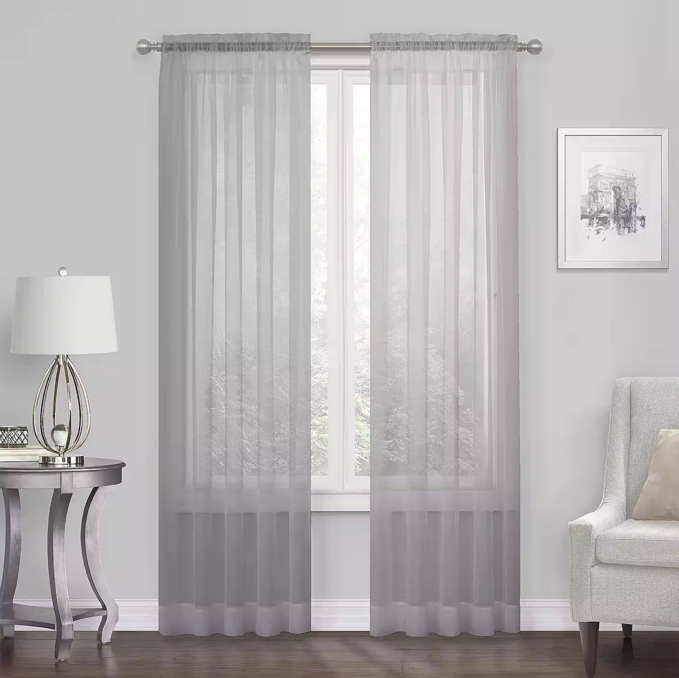 Front. Kate Aurora - Kate Aurora Essential 1 Piece Silver Gray Sheer Voile Rod Pocket Window Curtain Panel - 45 in. Long - Silver.
