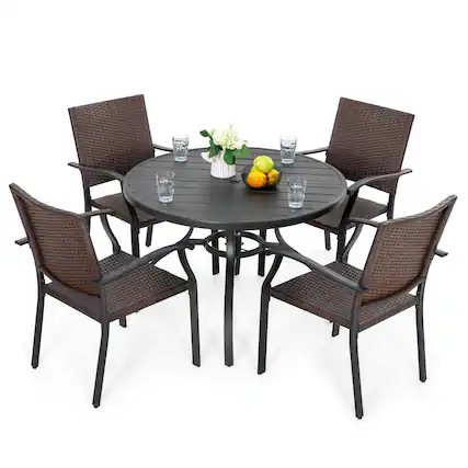 Front. Nuu Garden - 5-Piece Wicker and Metal Round Outdoor Dining Set with Umbrella Hole - Black.