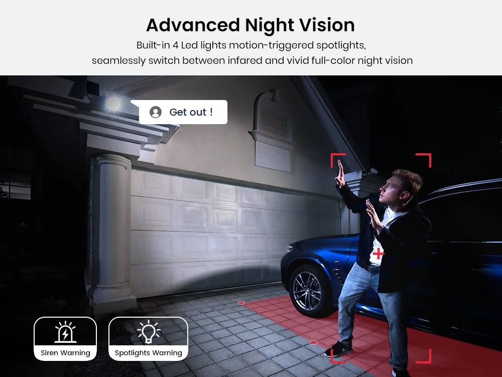 Advanced Night Vision  
Built-in 4 Led lights motion-triggered spotlights, seamlessly switch between infrared and vivid full-color night vision  

Get out!  

Siren Warning  
Spotlights Warning