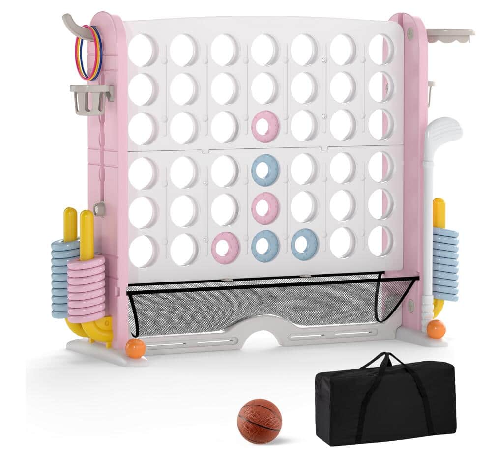 Costway - Giant 4-IN-A-ROW Game Set with Ring-toss, Basketball Hoop, Cup Holders, Storage bag - Pink & White