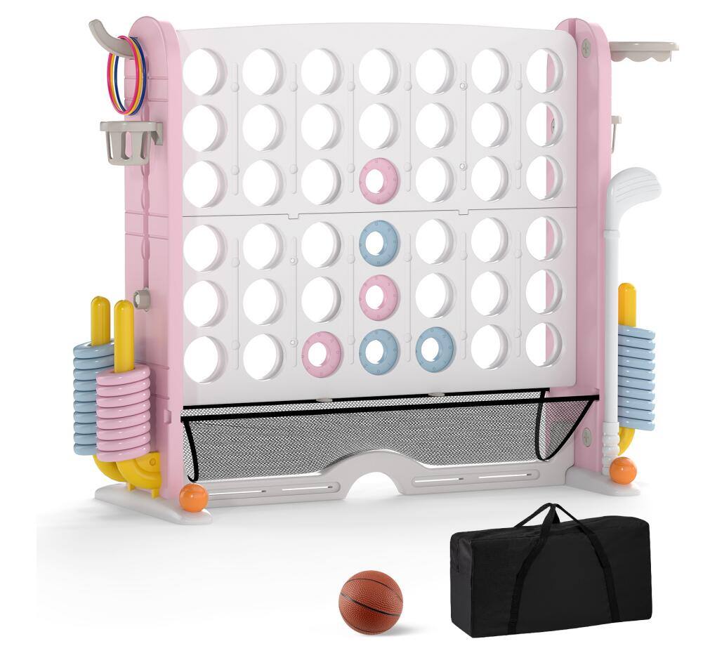Front. Costway - Costway Giant 4-IN-A-ROW Game Set with Ring-toss, Basketball Hoop, Cup Holders, Storage bag - Pink & White.