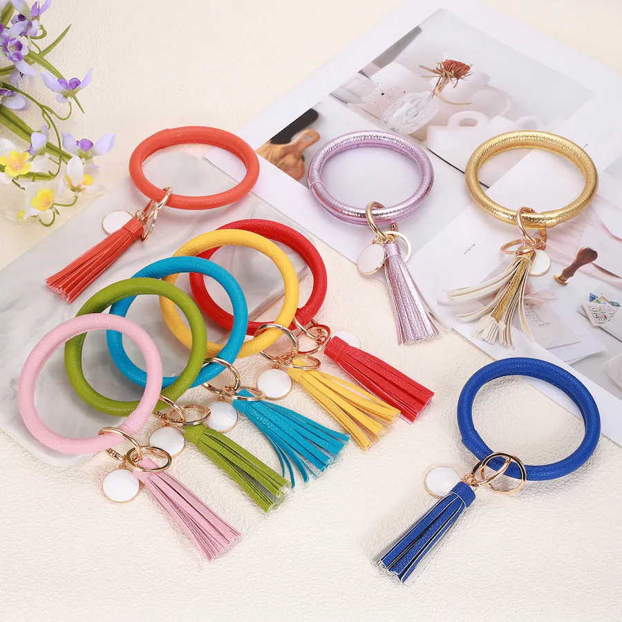 Key Round With Ridges Unique Bargains PU Leather Circle Wristlet Keychain, Tassel Pendant ...